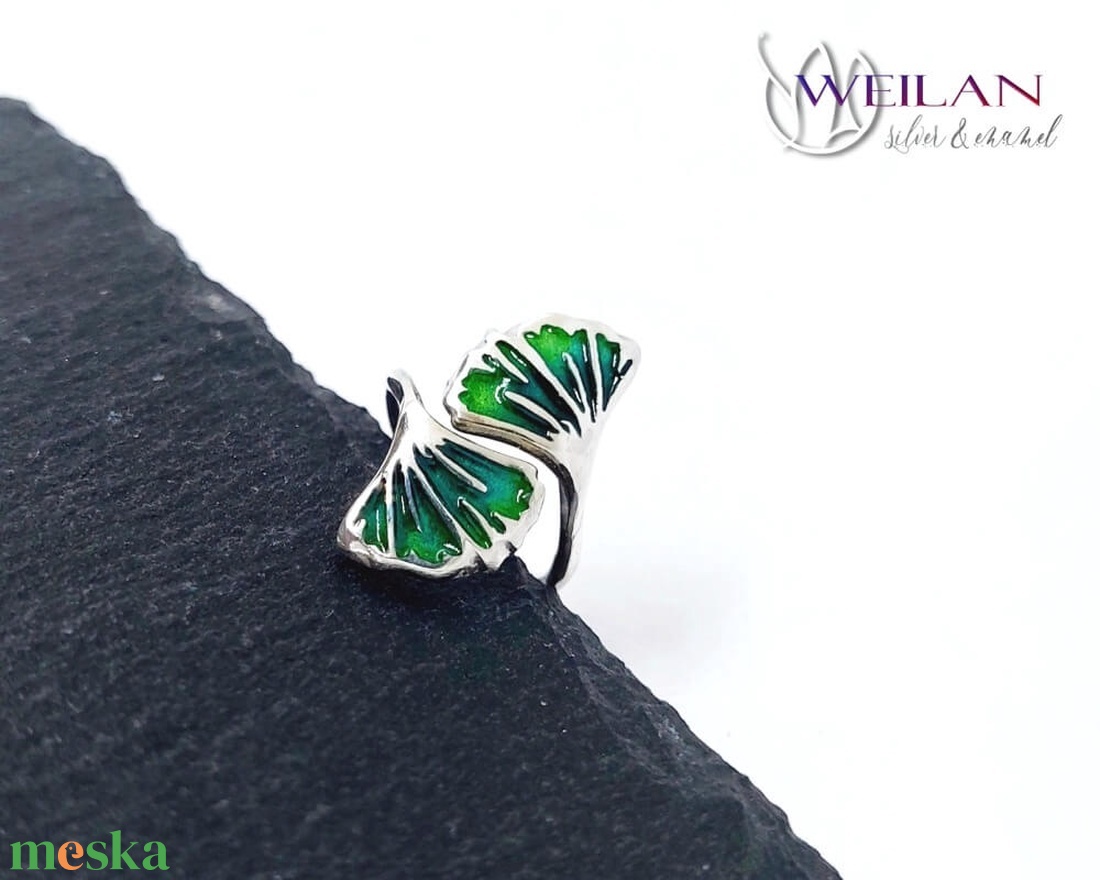 Leaf - Ginkgo Biloba - tűzzománc ezüst gyűrű, smaragdzöld - 48-49-es méret - ékszer - gyűrű - figurális gyűrű - Meska.hu
