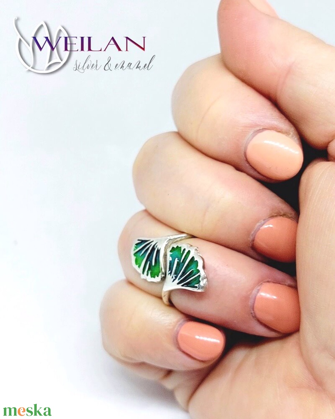 Leaf - Ginkgo Biloba - tűzzománc ezüst gyűrű, smaragdzöld - 48-49-es méret - ékszer - gyűrű - figurális gyűrű - Meska.hu