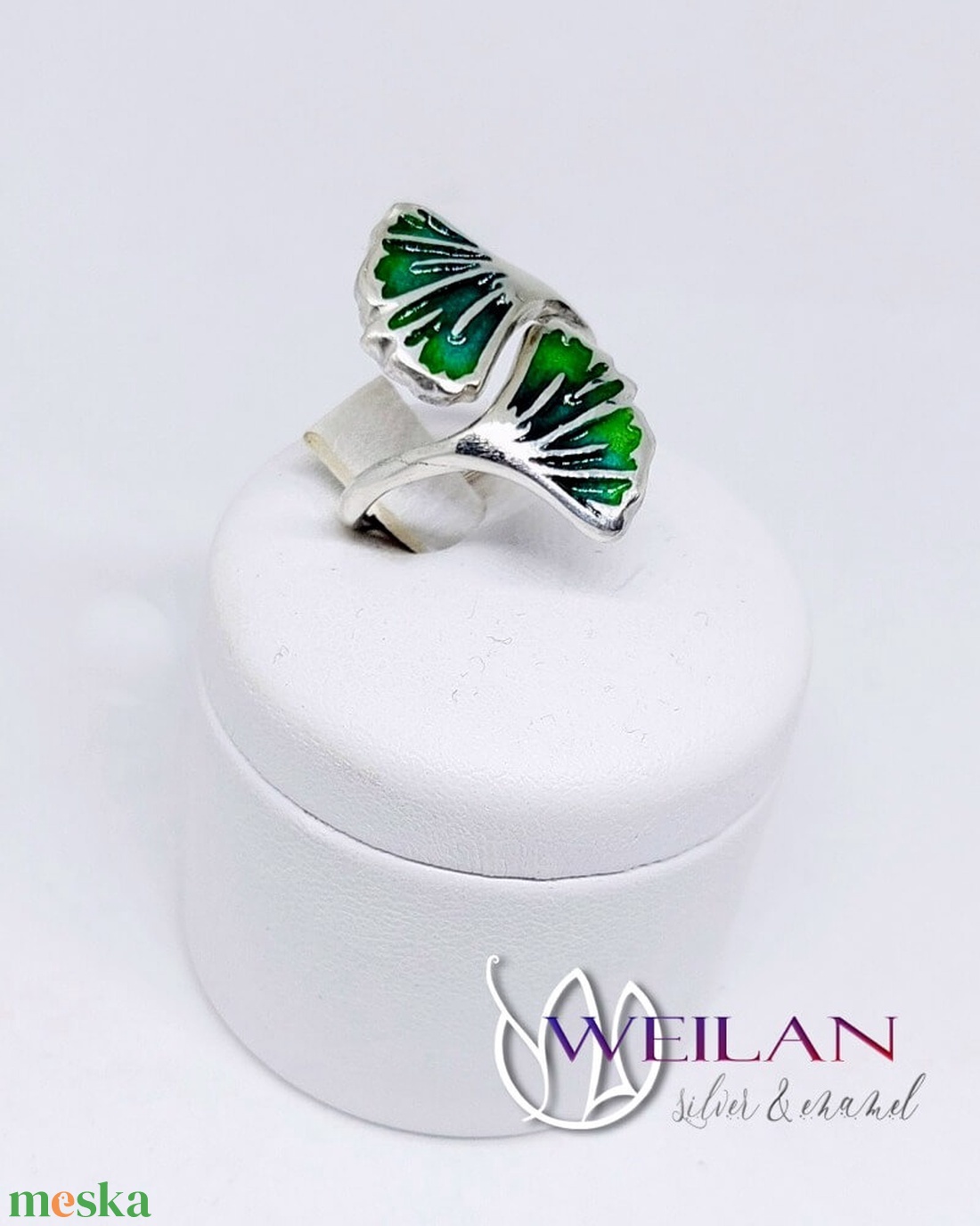 Leaf - Ginkgo Biloba - tűzzománc ezüst gyűrű, smaragdzöld - 48-49-es méret - ékszer - gyűrű - figurális gyűrű - Meska.hu