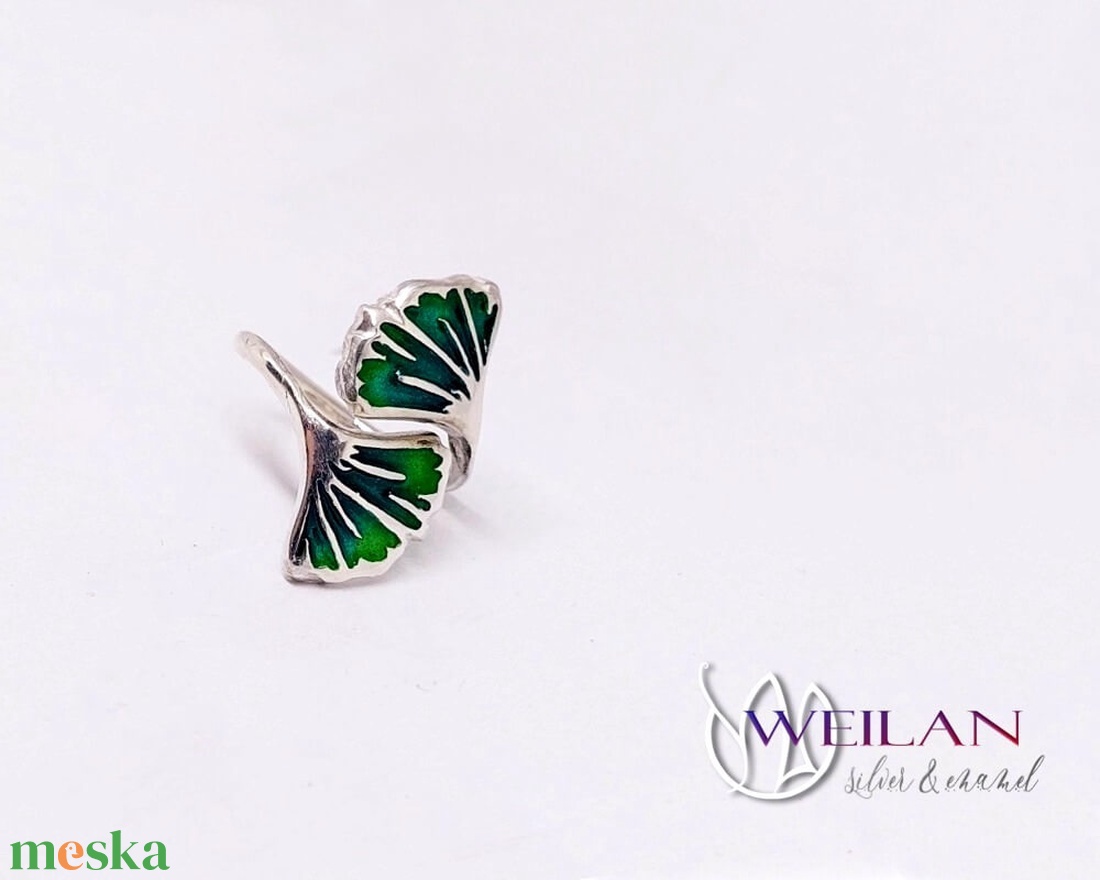 Leaf - Ginkgo Biloba - tűzzománc ezüst gyűrű, smaragdzöld - 48-49-es méret - ékszer - gyűrű - figurális gyűrű - Meska.hu