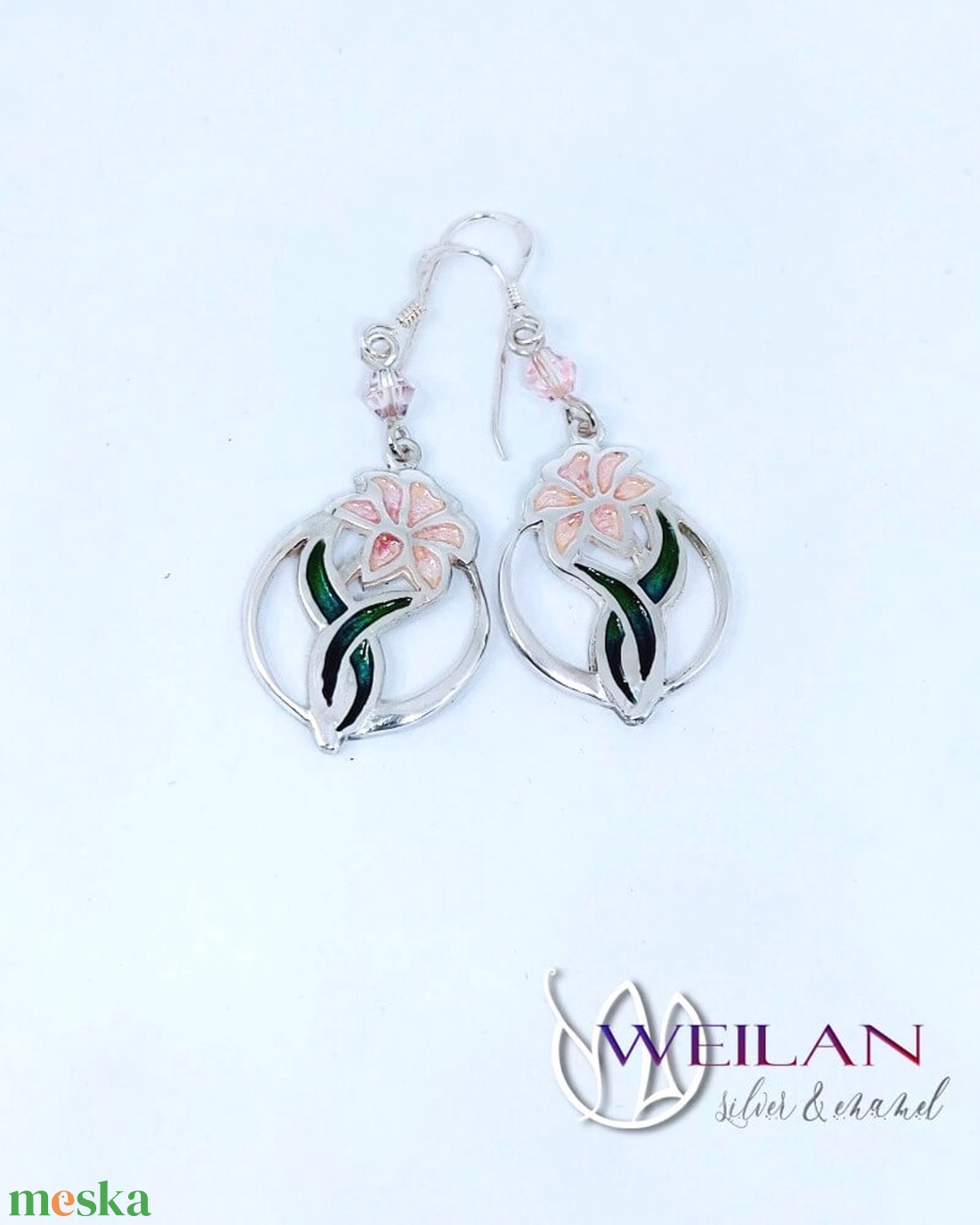  Flora - Liliom ezüst tűzzománc fülbevaló - rózsaszín - ékszer - fülbevaló - lógó fülbevaló - Meska.hu