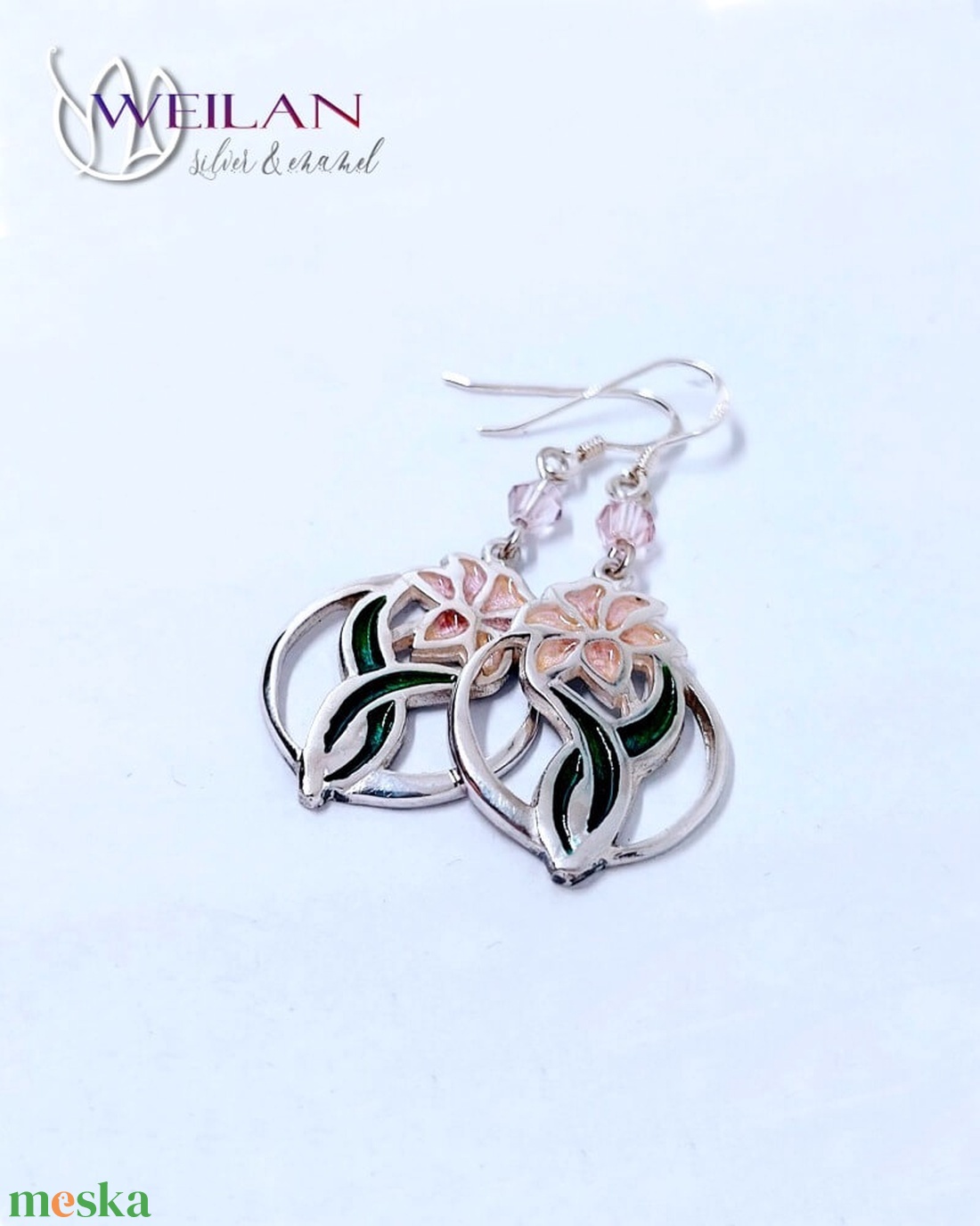  Flora - Liliom ezüst tűzzománc fülbevaló - rózsaszín - ékszer - fülbevaló - lógó fülbevaló - Meska.hu