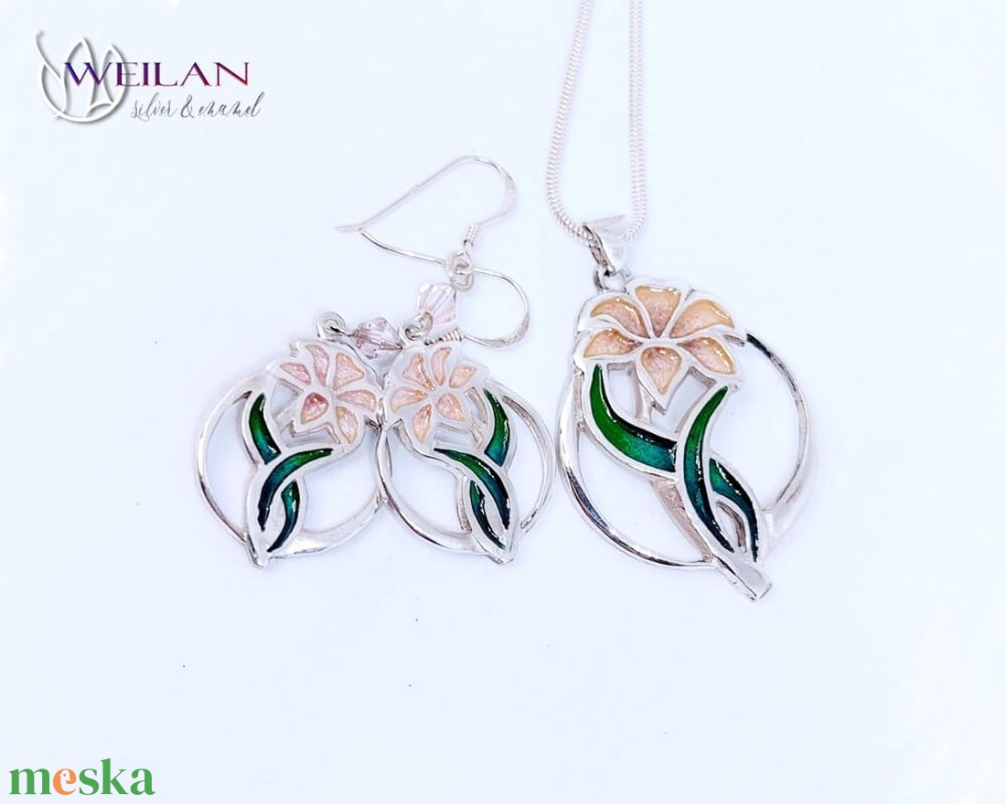  Flora - Liliom ezüst tűzzománc fülbevaló - rózsaszín - ékszer - fülbevaló - lógó fülbevaló - Meska.hu