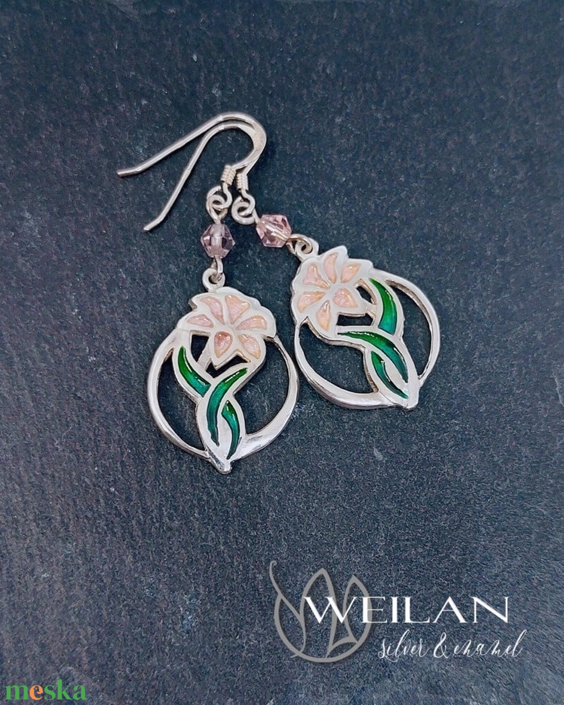  Flora - Liliom ezüst tűzzománc fülbevaló - rózsaszín - ékszer - fülbevaló - lógó fülbevaló - Meska.hu