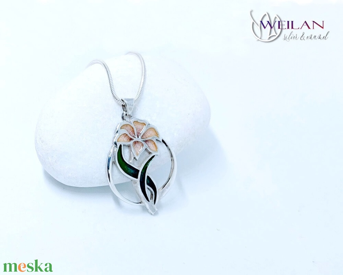  Flora - Liliom ezüst tűzzománc medál - rózsaszín - ékszer - nyaklánc - medál - Meska.hu