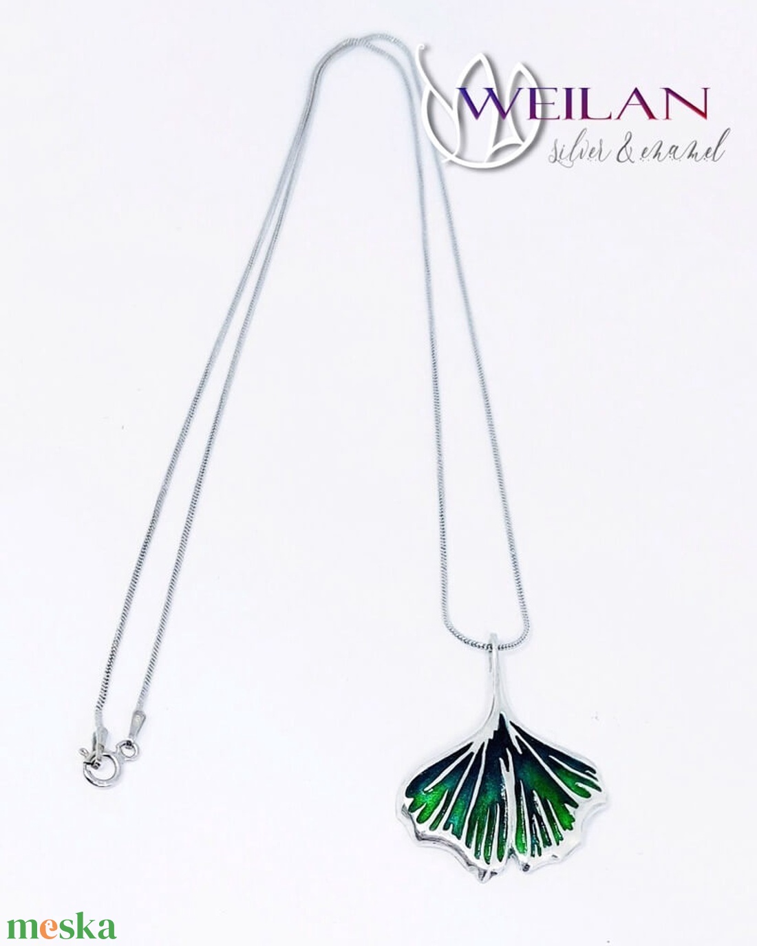 Leaf - Ginkgo Biloba - ezüst tűzzománc medál, ezüst láncon, smaragdzöld - ékszer - nyaklánc - medálos nyaklánc - Meska.hu