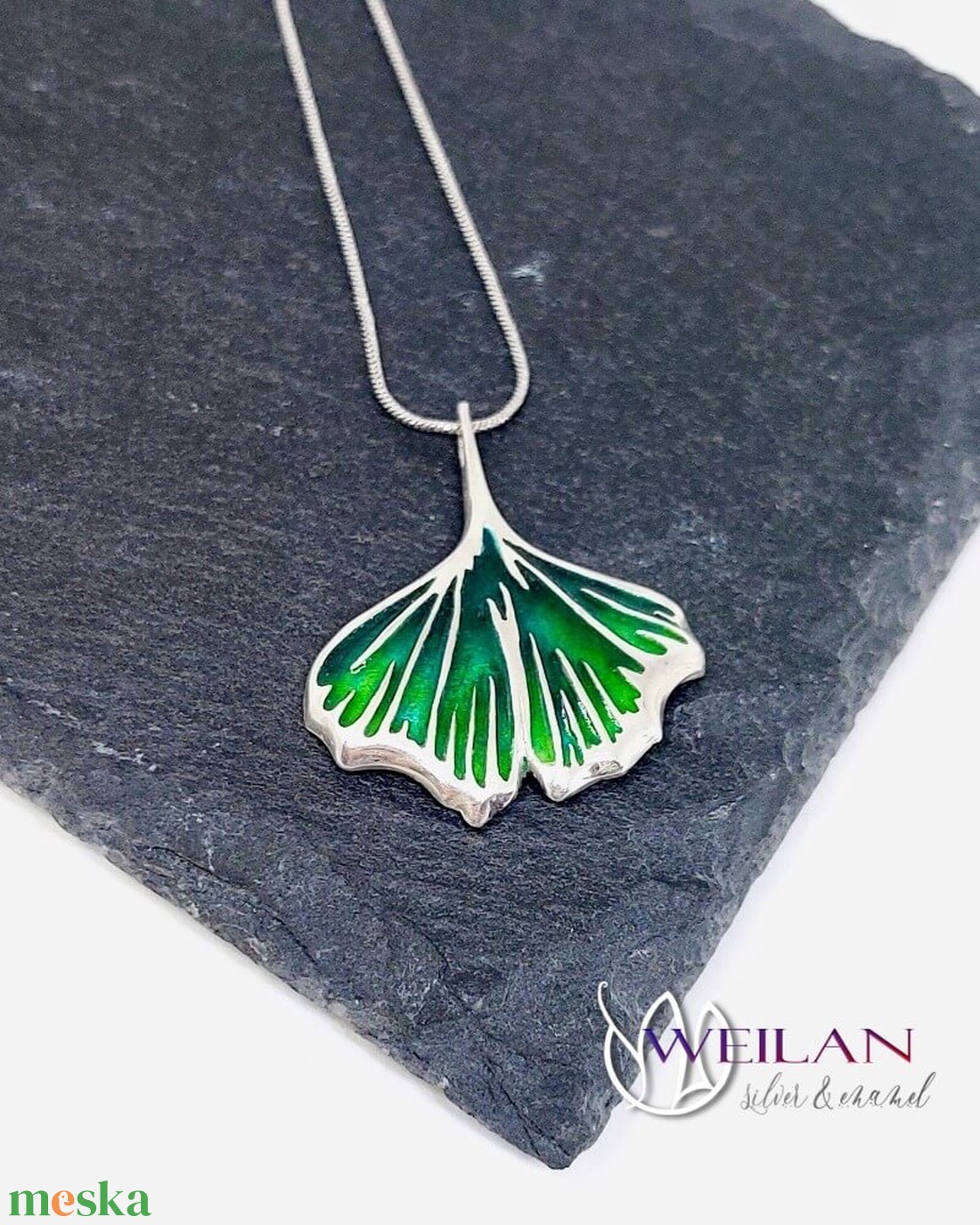 Leaf - Ginkgo Biloba - ezüst tűzzománc medál, ezüst láncon, smaragdzöld - ékszer - nyaklánc - medálos nyaklánc - Meska.hu