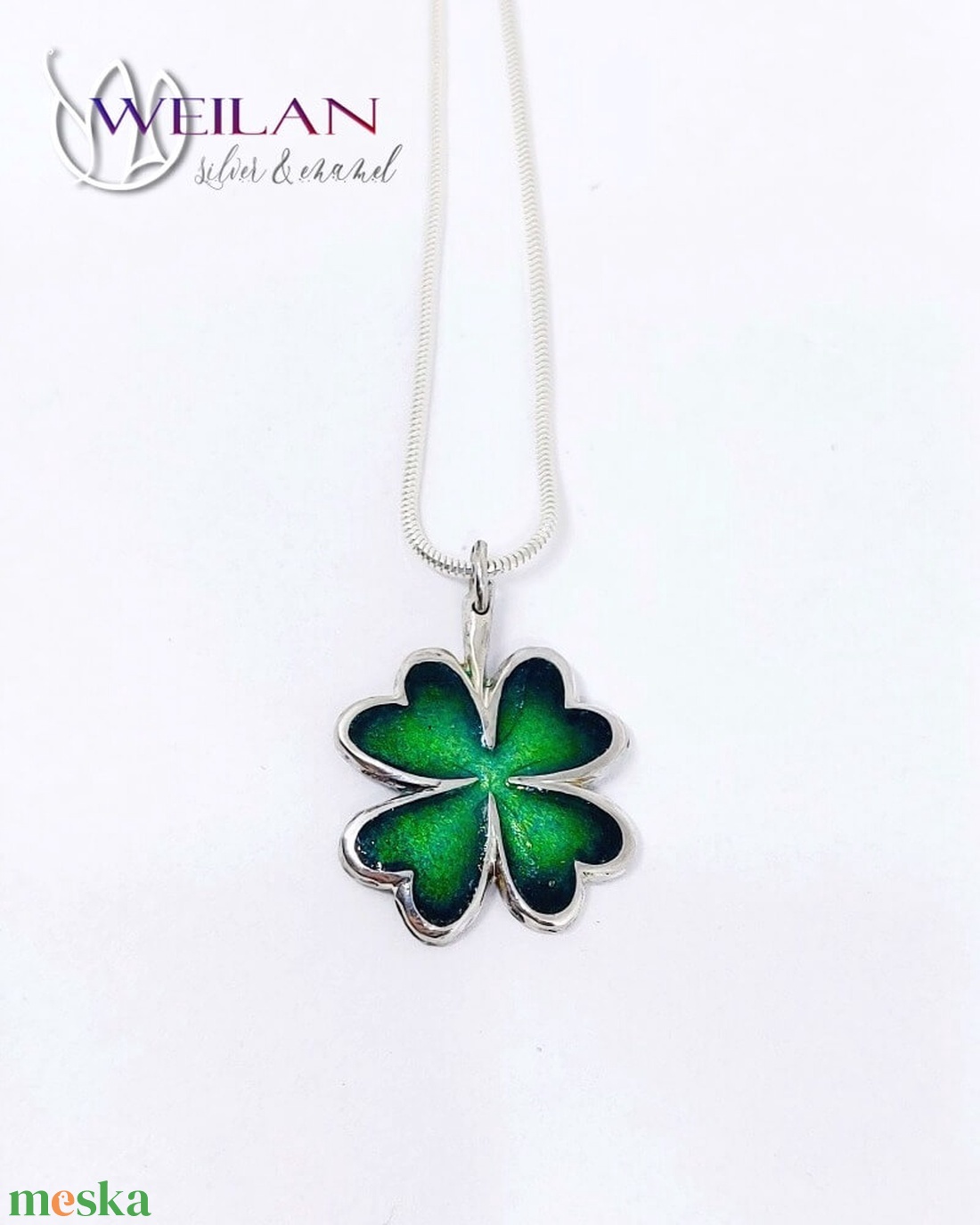 Négylevelű lóhere ezüst tűzzománc medál, zöld - ékszer - nyaklánc - medál - Meska.hu
