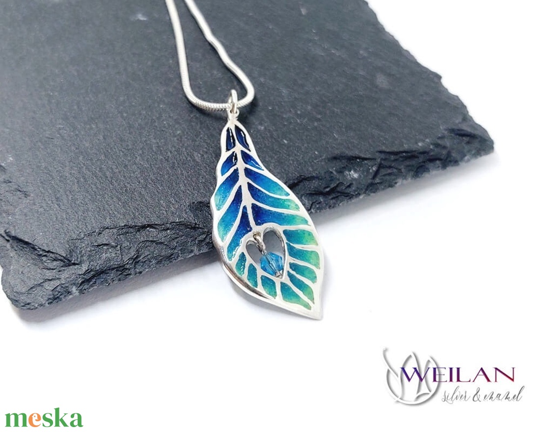 Pávatoll, ezüst tűzzománc medál, kézműves ékszer, türkiz színekben - ékszer - nyaklánc - medálos nyaklánc - Meska.hu