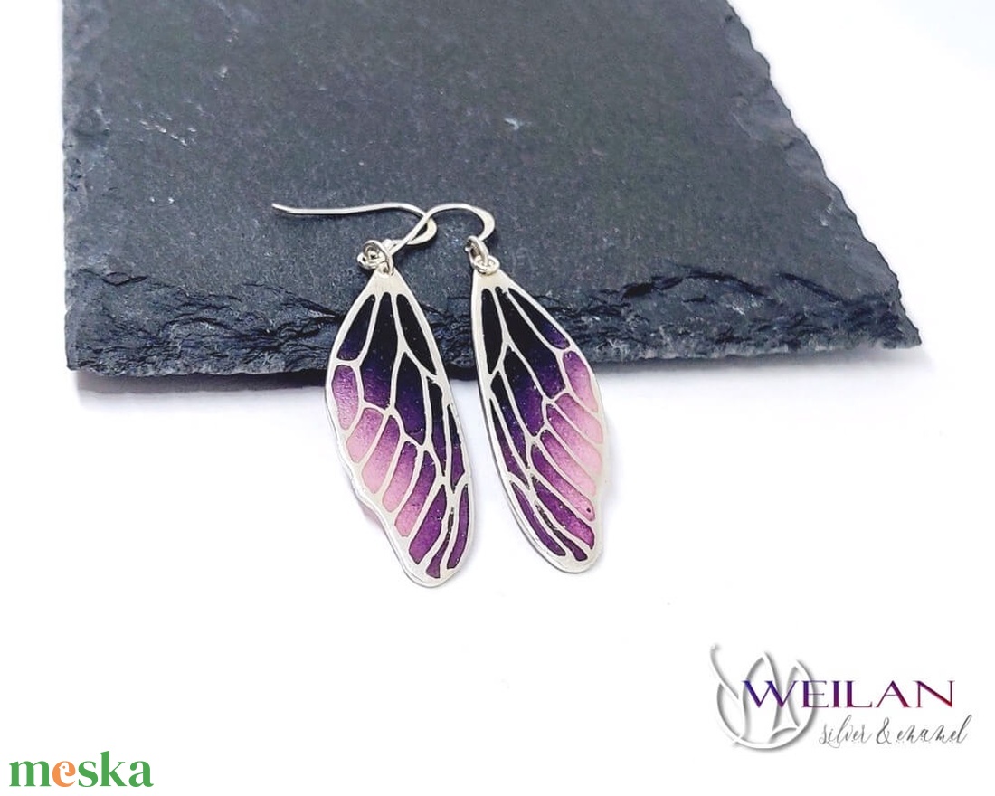 Szitakötőszárny - ezüst ajour tűzzománc fülbevaló, lila-rózsaszín - ékszer - fülbevaló - lógó fülbevaló - Meska.hu