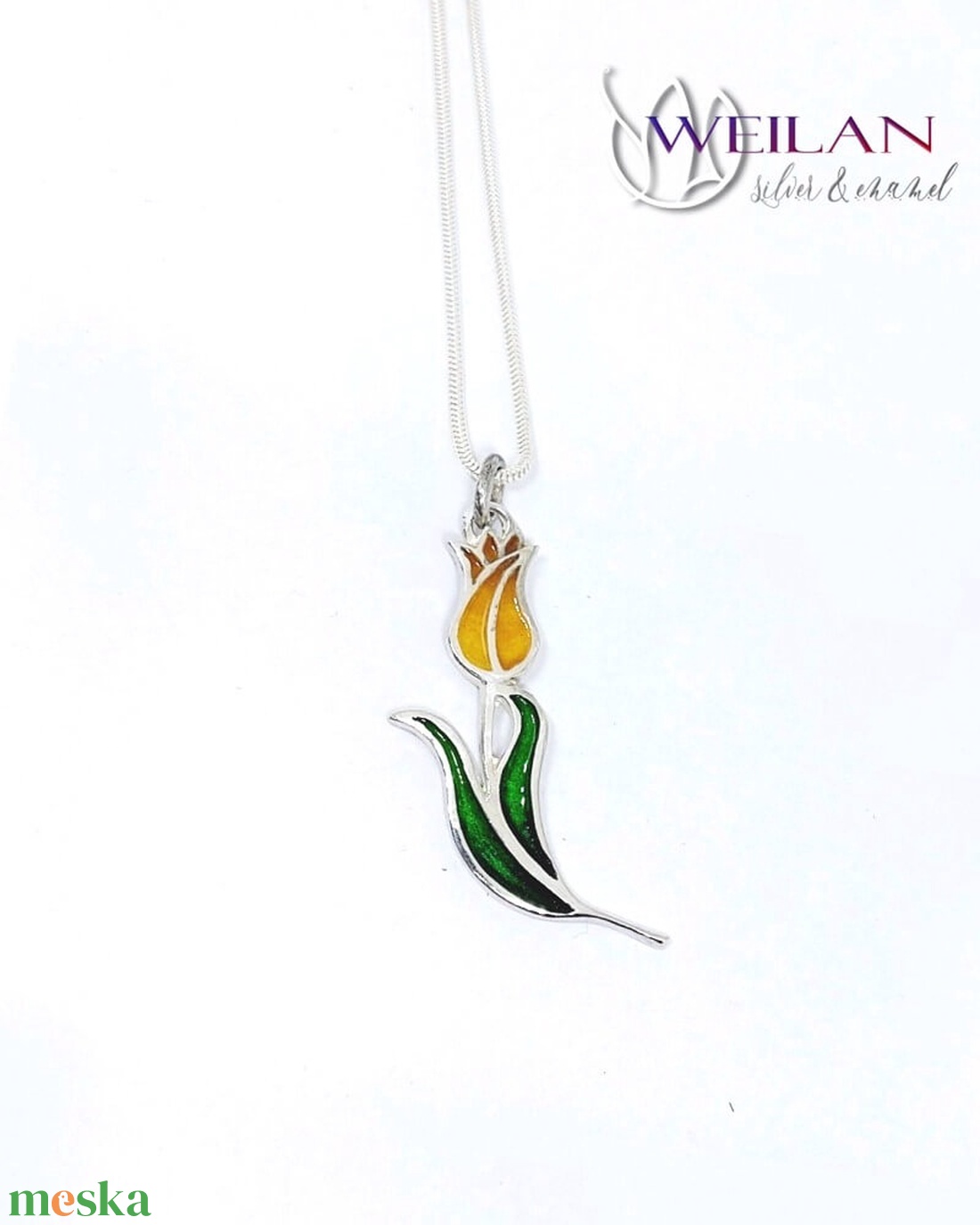 Hej'tulipán - Virágszálam ezüst tűzzománc medál narancs-arany-zöld - ékszer - nyaklánc - medál - Meska.hu