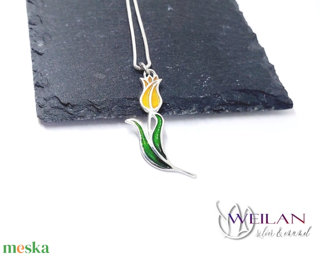 Hej'tulipán - Virágszálam ezüst tűzzománc medál narancs-arany-zöld - ékszer - nyaklánc - medál - Meska.hu