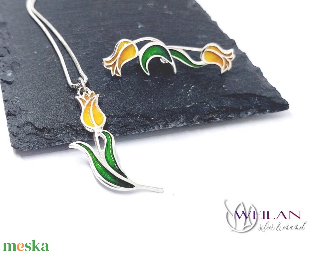 Hej'tulipán - Virágszálam ezüst tűzzománc medál narancs-arany-zöld - ékszer - nyaklánc - medál - Meska.hu
