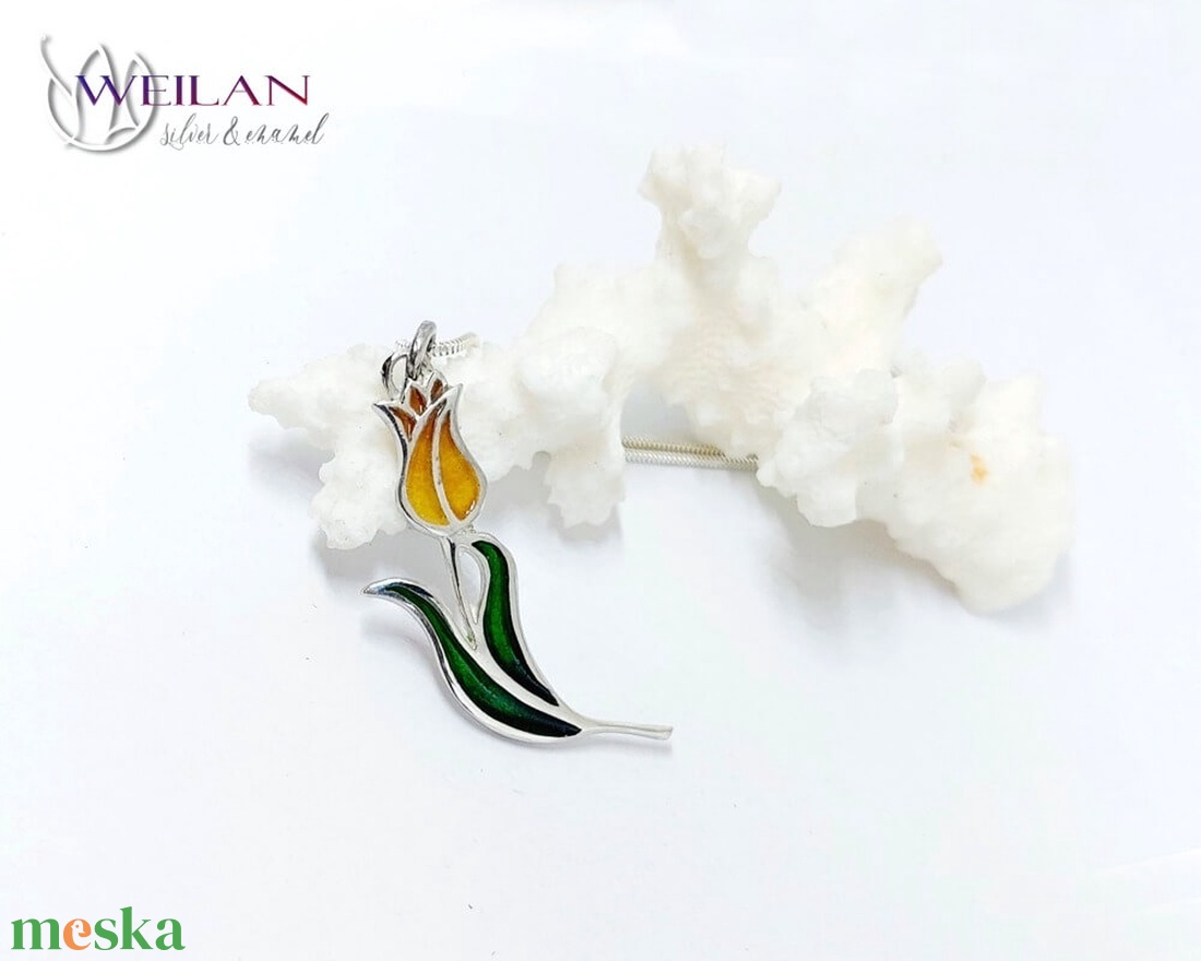 Hej'tulipán - Virágszálam ezüst tűzzománc medál narancs-arany-zöld - ékszer - nyaklánc - medál - Meska.hu