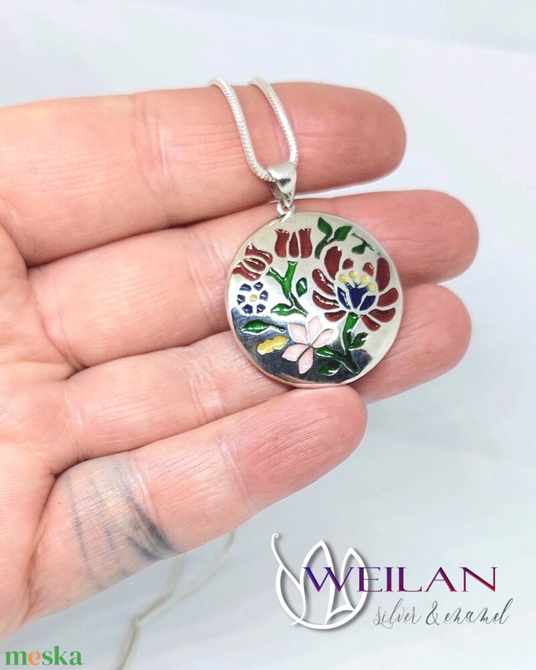 Tradició - Virágoskertem, népi motívumú ezüst tűzzománc medál, kisebb méret - ékszer - nyaklánc - medálos nyaklánc - Meska.hu