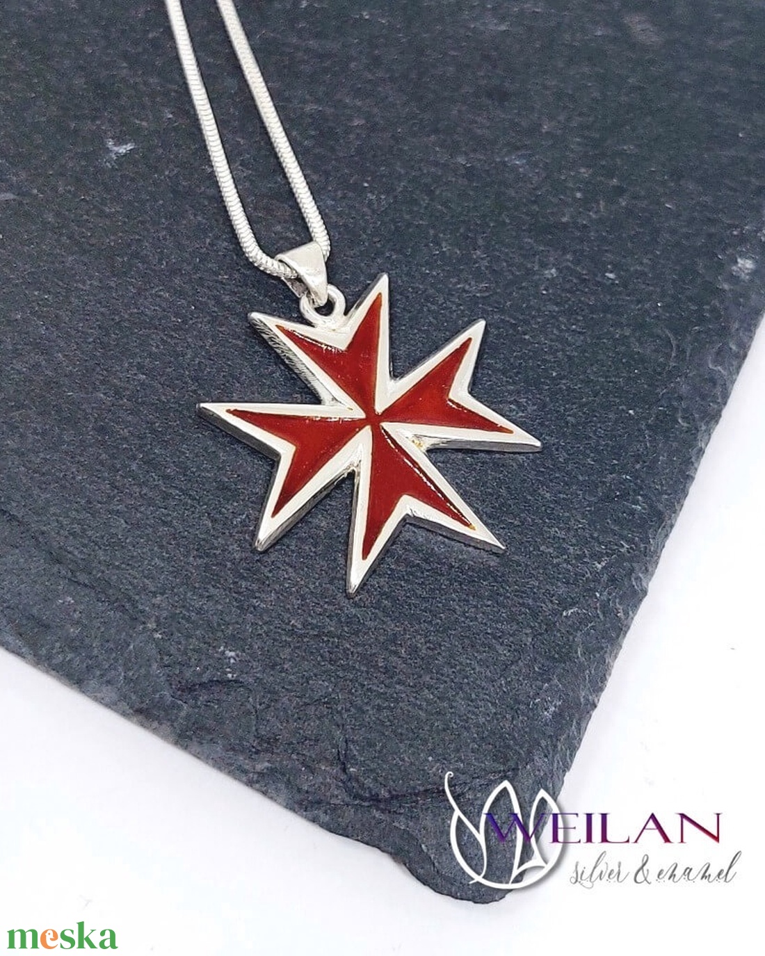 Tűzzománcozott ezüst Máltai kereszt medál - piros - otthon & életmód - vallás - kereszt - Meska.hu