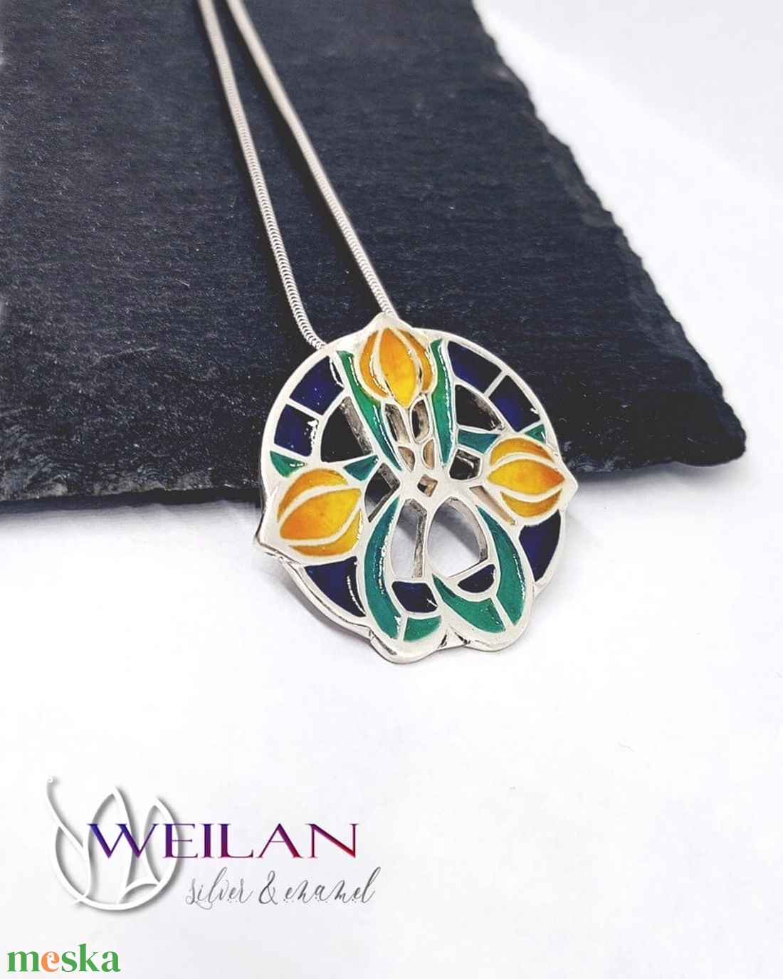 Hej' tulipán - Körtánc ezüst tűzzománc medál - arany - narancs - türkiz - ékszer - nyaklánc - medál - Meska.hu