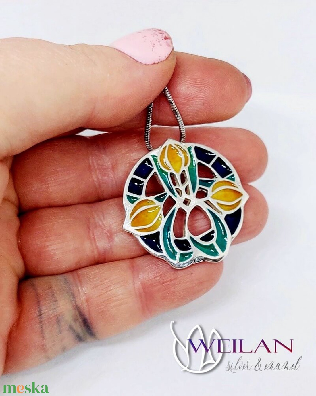 Hej' tulipán - Körtánc ezüst tűzzománc medál - arany - narancs - türkiz - ékszer - nyaklánc - medál - Meska.hu