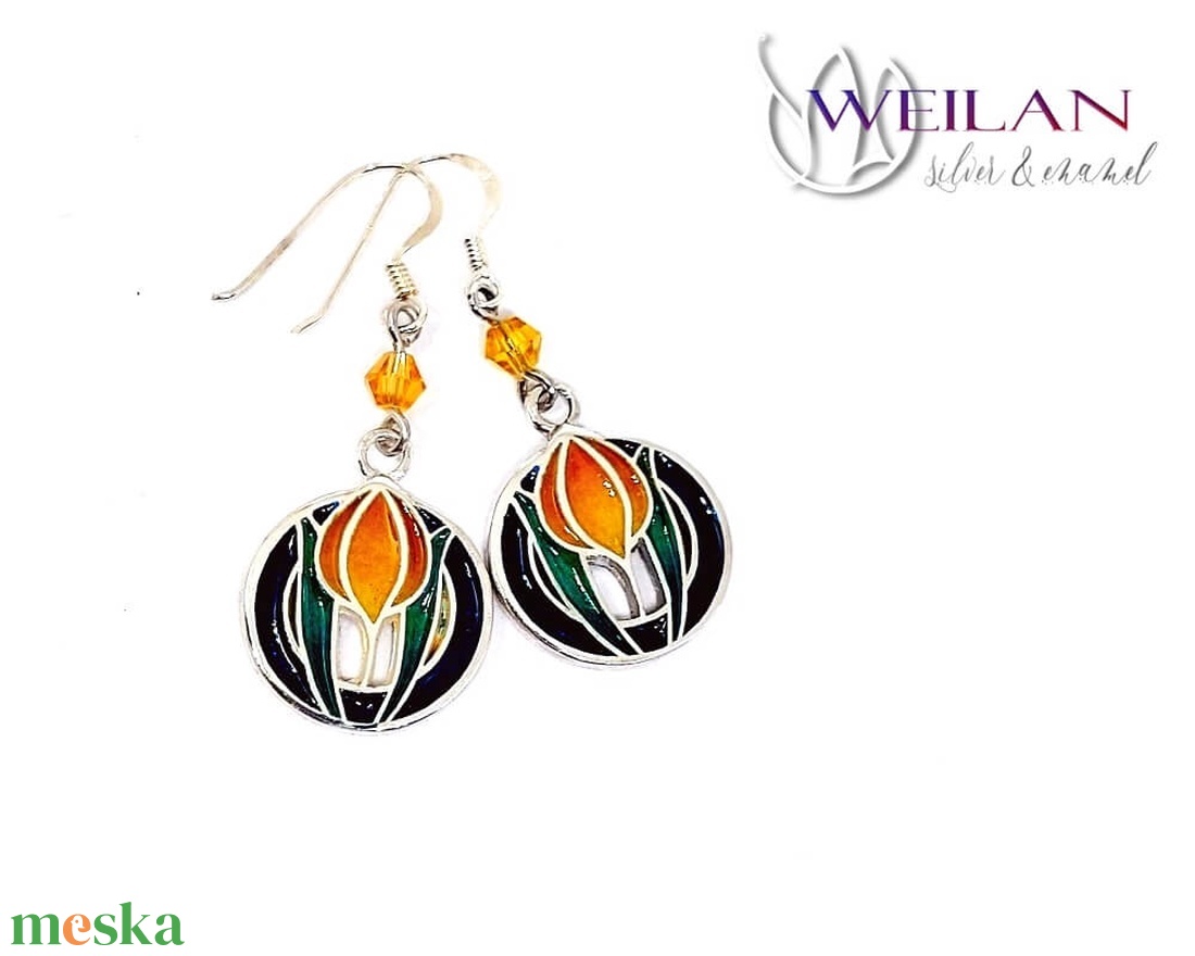 Hej' tulipán - Körtánc ezüst tűzzománc fülbevaló - arany - narancs - türkiz - ékszer - fülbevaló - lógó fülbevaló - Meska.hu