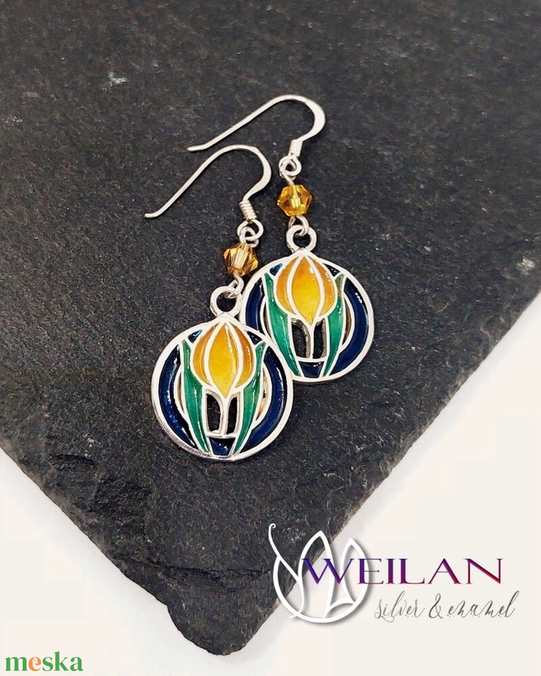 Hej' tulipán - Körtánc ezüst tűzzománc fülbevaló - arany - narancs - türkiz - ékszer - fülbevaló - lógó fülbevaló - Meska.hu