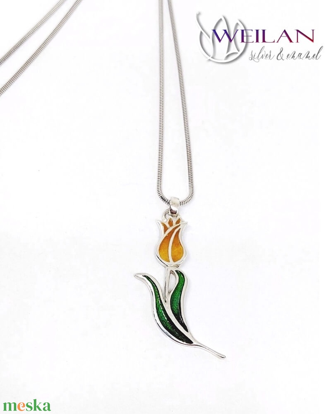 Hej'tulipán - Virágszálam ezüst tűzzománc medál narancs-arany-zöld - ékszer - nyaklánc - medál - Meska.hu