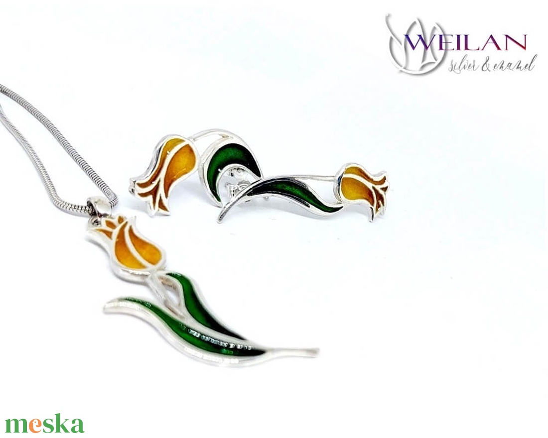 Hej'tulipán - Virágszálam ezüst tűzzománc medál narancs-arany-zöld - ékszer - nyaklánc - medál - Meska.hu