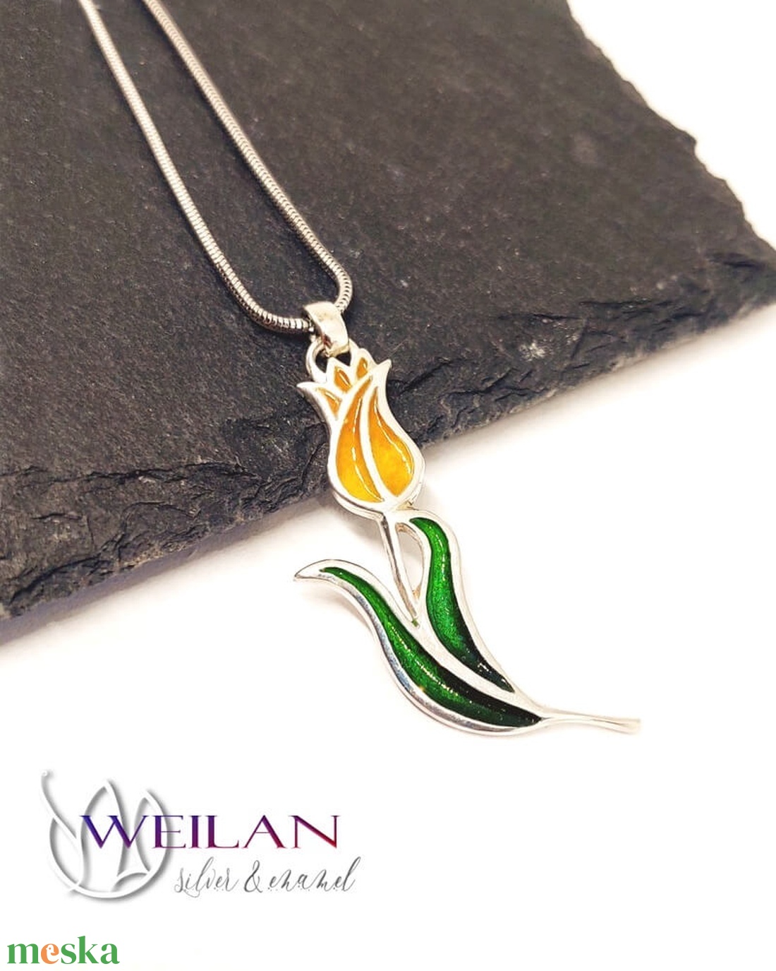 Hej'tulipán - Virágszálam ezüst tűzzománc medál narancs-arany-zöld - ékszer - nyaklánc - medál - Meska.hu
