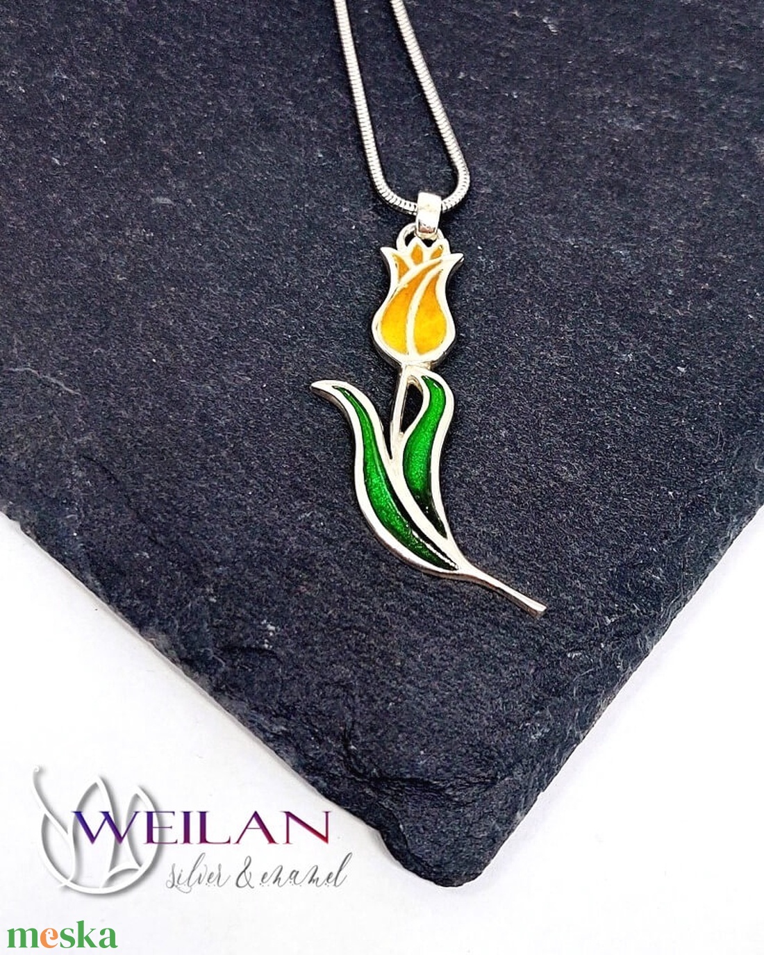 Hej'tulipán - Virágszálam ezüst tűzzománc medál narancs-arany-zöld - ékszer - nyaklánc - medál - Meska.hu