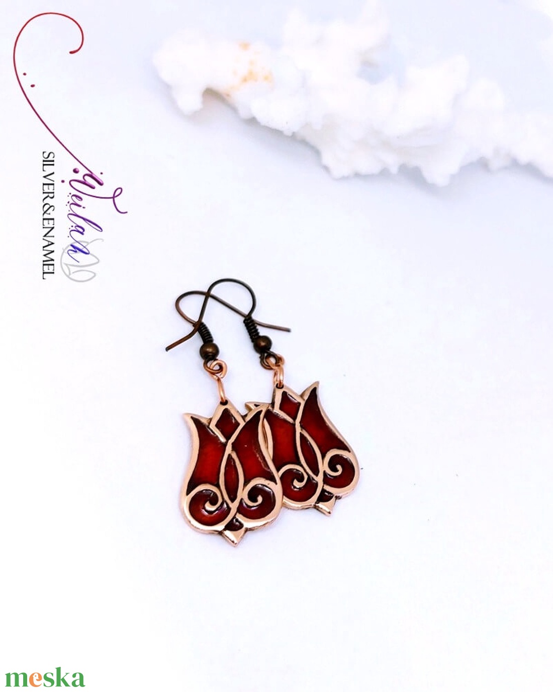 Hej'tulipán - Mátkám bronz tűzzománc fülbevaló, piros - ékszer - fülbevaló - lógó fülbevaló - Meska.hu
