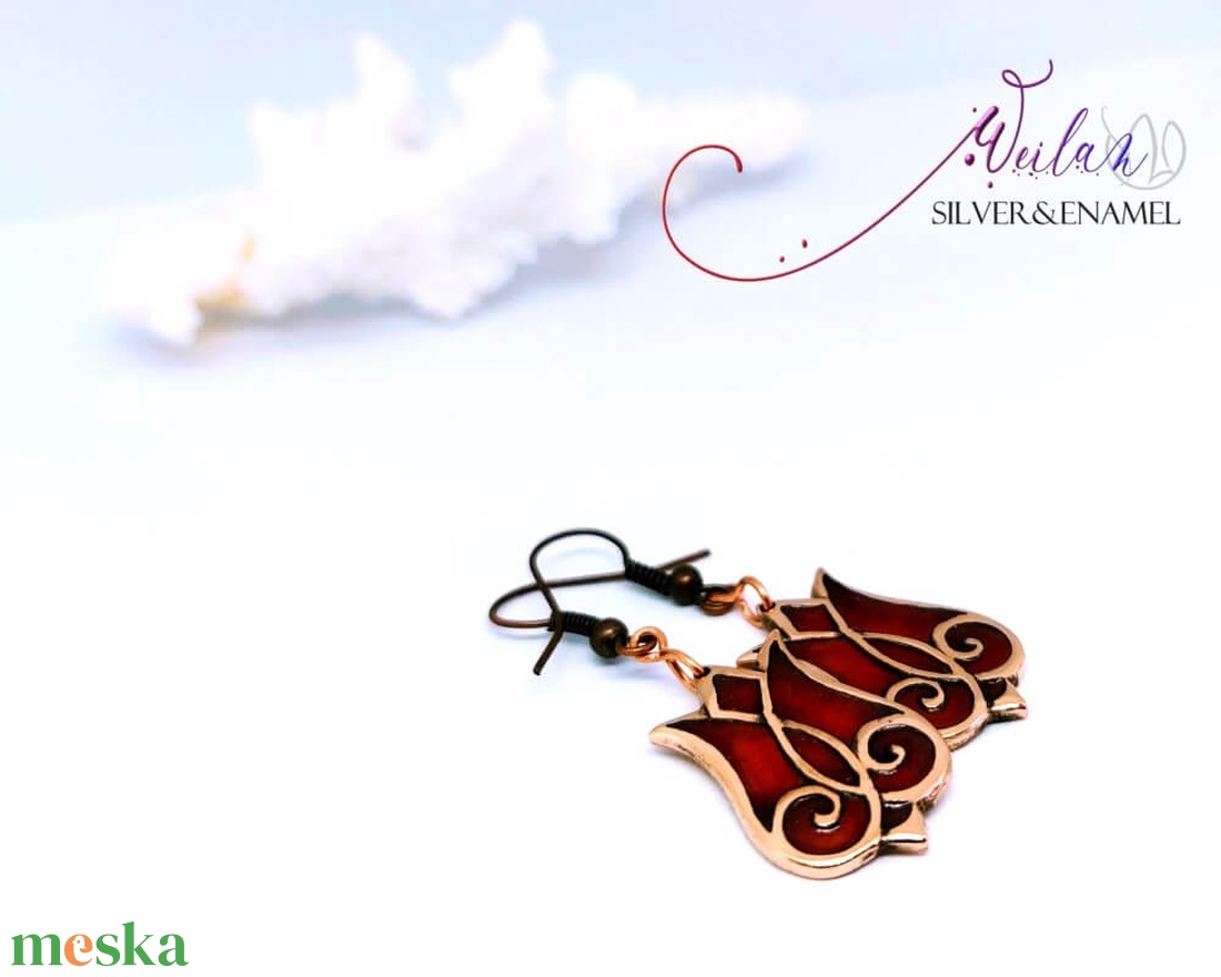 Hej'tulipán - Mátkám bronz tűzzománc fülbevaló, piros - ékszer - fülbevaló - lógó fülbevaló - Meska.hu