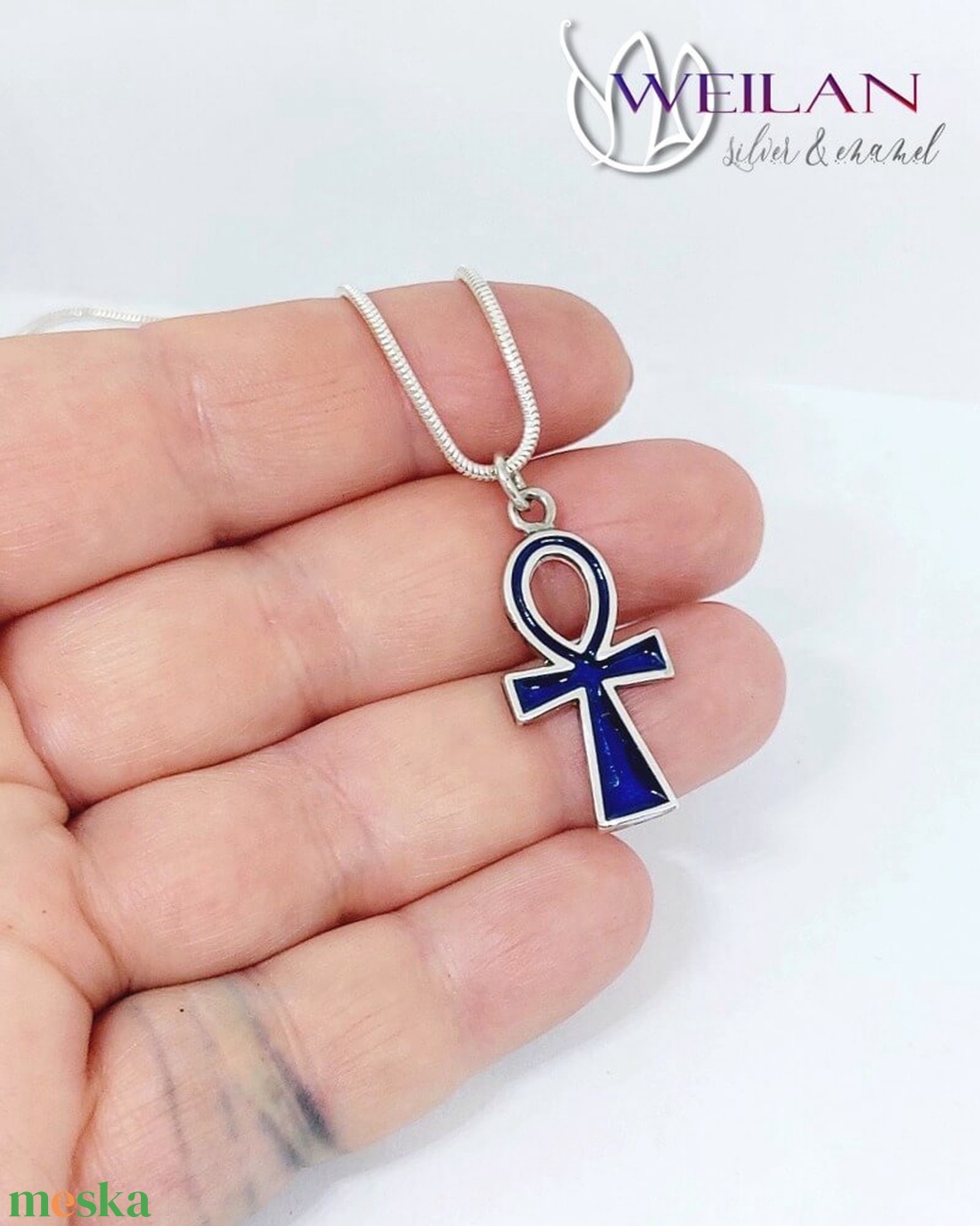 Tűzzománcozott ezüst Ankh kereszt medál - sötétkék - otthon & életmód - vallás - kereszt - Meska.hu