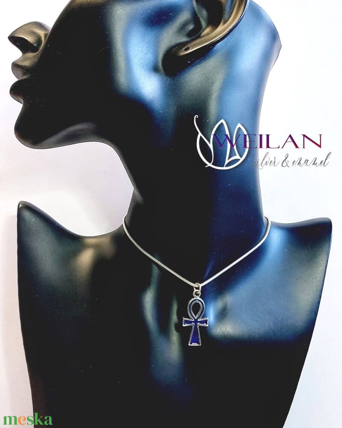 Tűzzománcozott ezüst Ankh kereszt medál - sötétkék - otthon & életmód - vallás - kereszt - Meska.hu