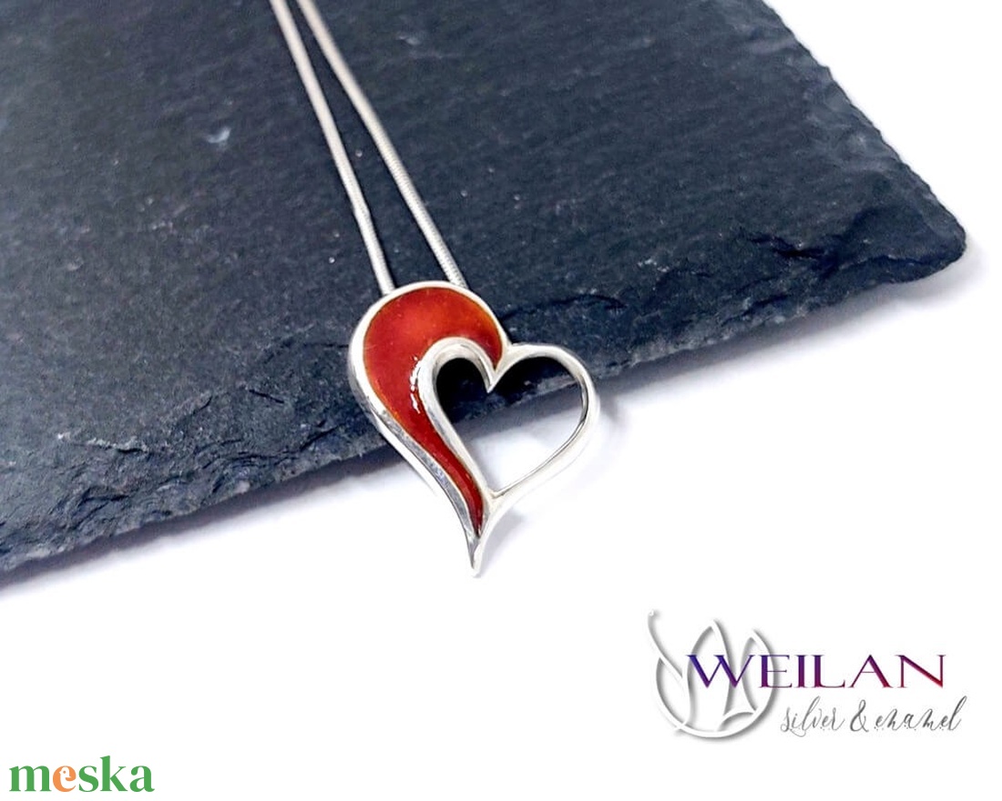 my Valentine - Szívdobbanás ezüst tűzzománc medál, piros - ékszer - nyaklánc - medál - Meska.hu