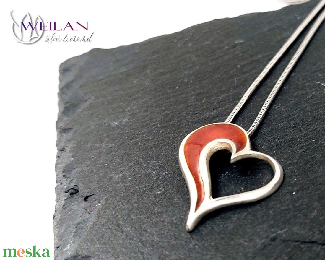 my Valentine - Szívdobbanás ezüst tűzzománc medál, piros - ékszer - nyaklánc - medál - Meska.hu