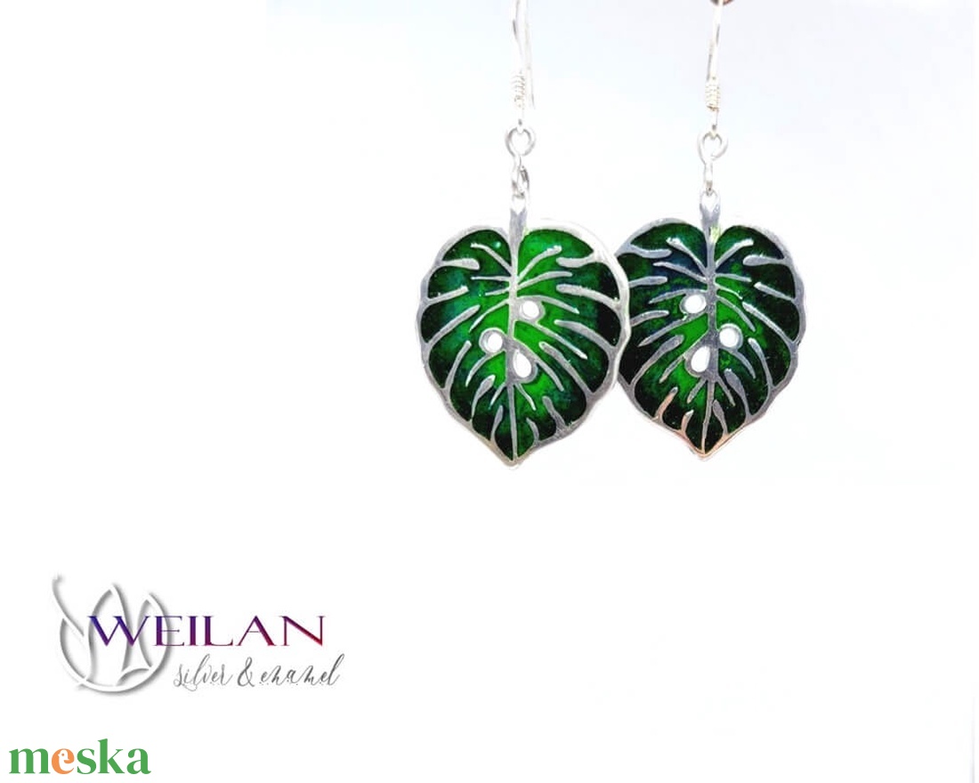 Leaf - Filodendron, monstera ezüst ajour tűzzománc fülbevaló, zöld - ékszer - fülbevaló - lógó fülbevaló - Meska.hu