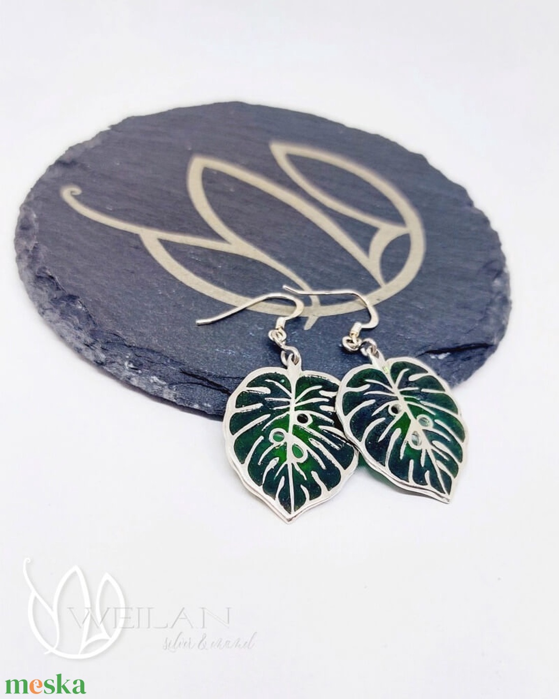 Leaf - Filodendron, monstera ezüst ajour tűzzománc fülbevaló, zöld - ékszer - fülbevaló - lógó fülbevaló - Meska.hu
