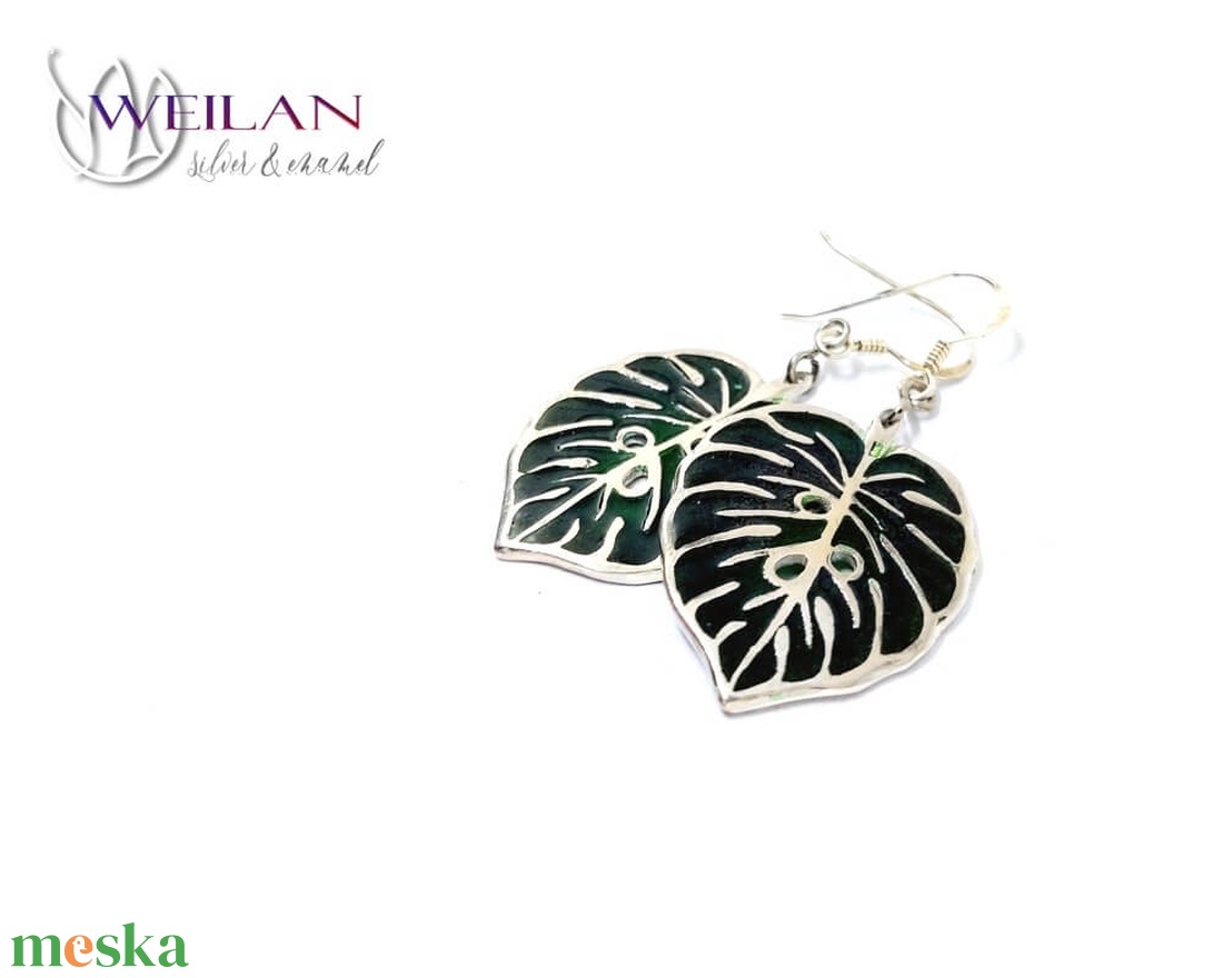 Leaf - Filodendron, monstera ezüst ajour tűzzománc fülbevaló, zöld - ékszer - fülbevaló - lógó fülbevaló - Meska.hu