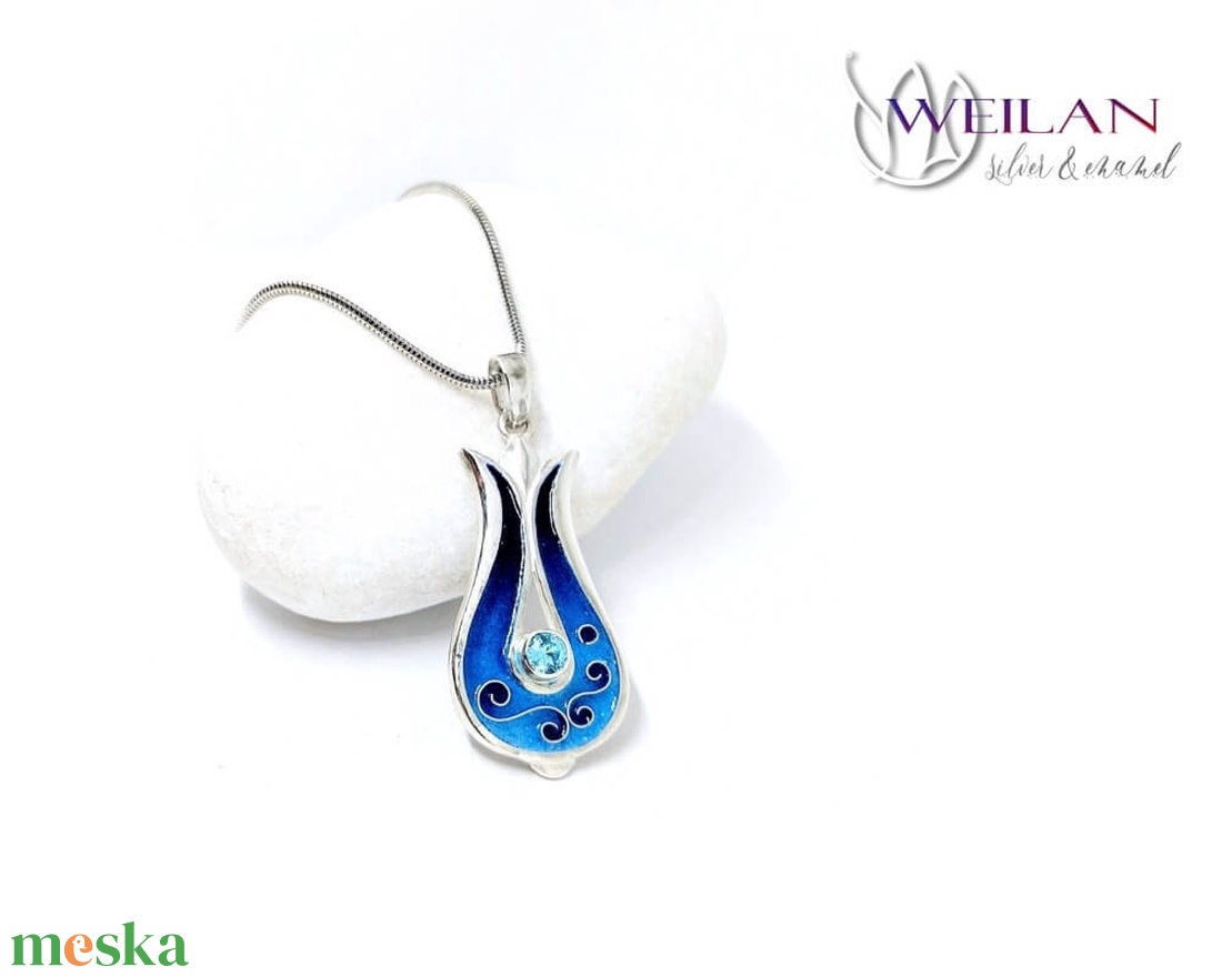 Hej'tulipán - Pántlika ezüst rekeszzománc medál cirkóniával, türkizkék zománcozással - ékszer - nyaklánc - medál - Meska.hu