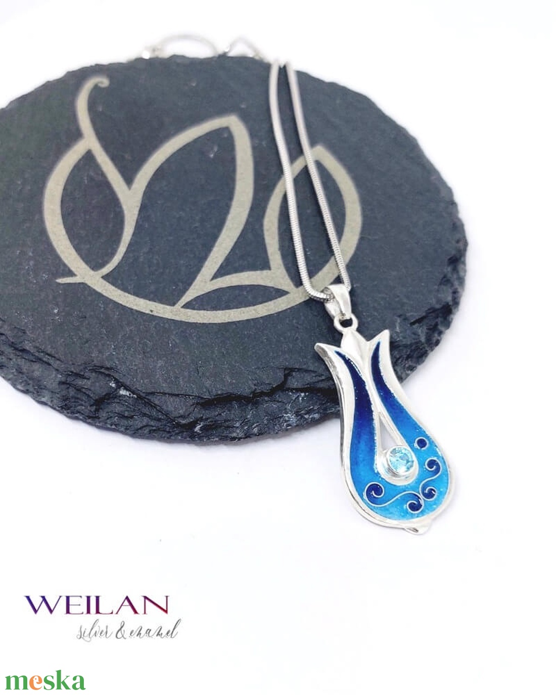 Hej'tulipán - Pántlika ezüst rekeszzománc medál cirkóniával, türkizkék zománcozással - ékszer - nyaklánc - medál - Meska.hu