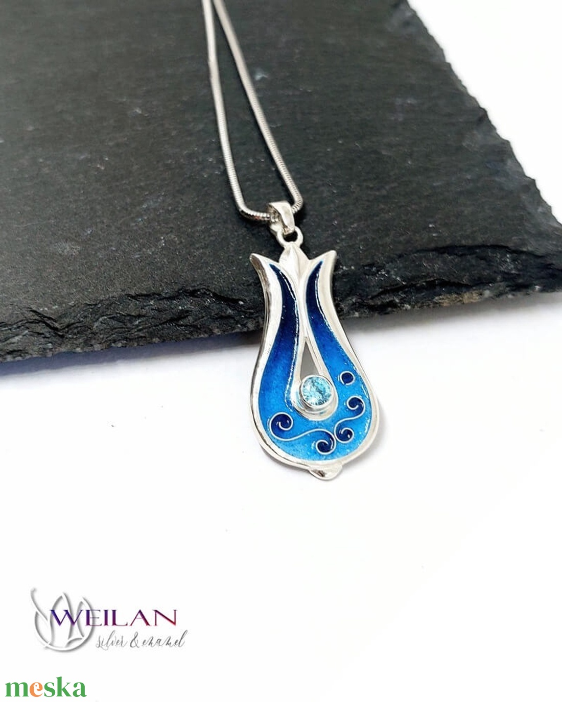 Hej'tulipán - Pántlika ezüst rekeszzománc medál cirkóniával, türkizkék zománcozással - ékszer - nyaklánc - medál - Meska.hu