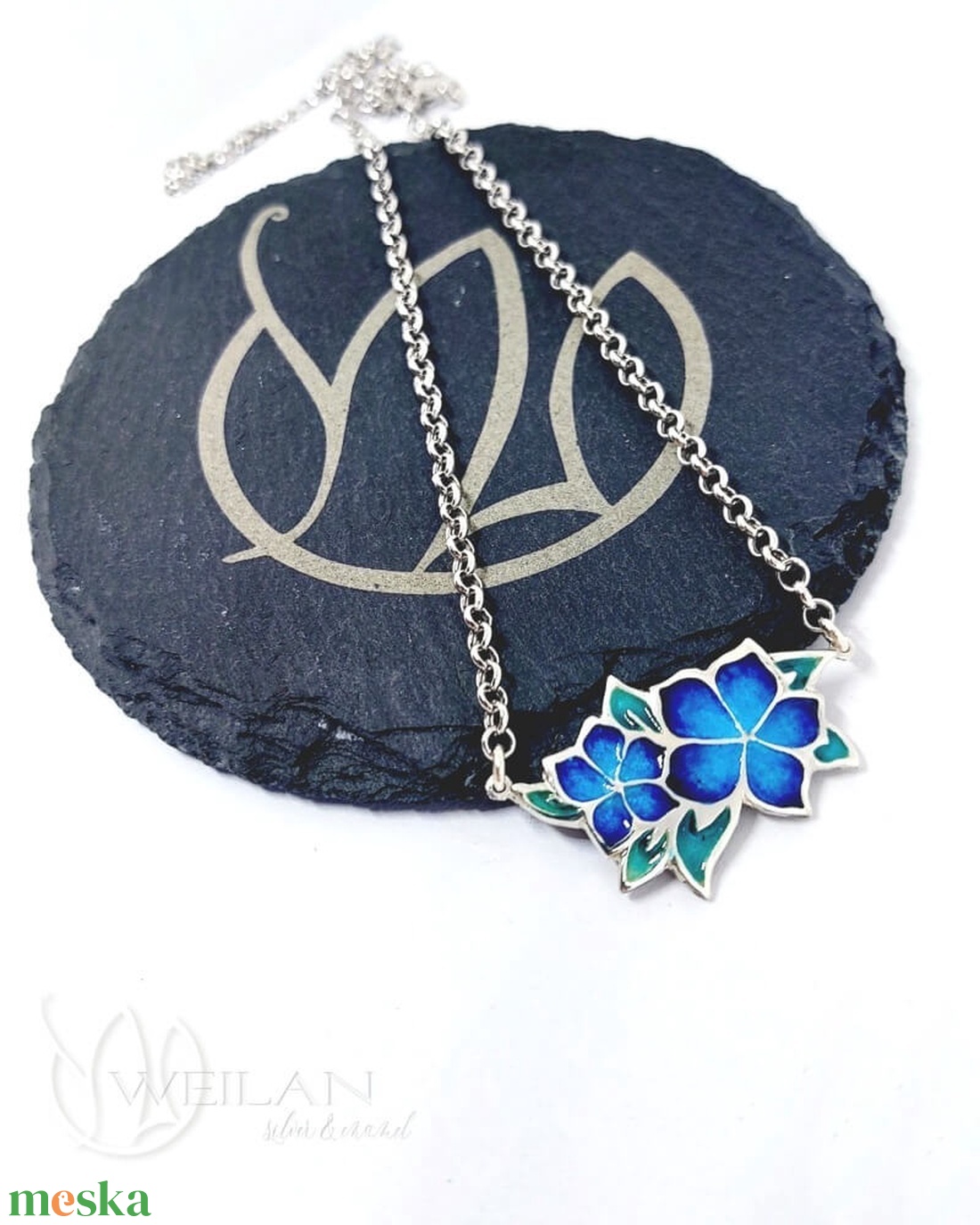 Flora - Nefelejcs ezüst, tűzzománc nyakék, ezüst láncon - kék - ékszer - nyaklánc - medálos nyaklánc - Meska.hu