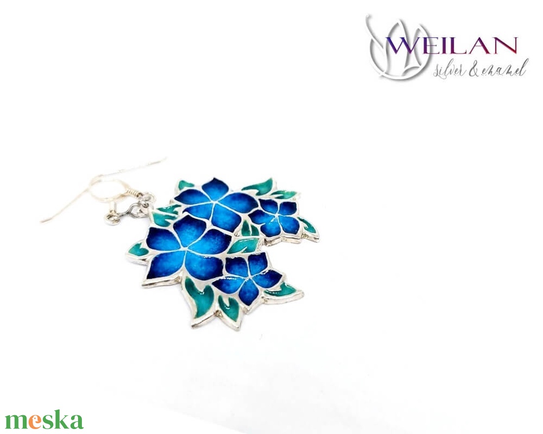 Flora - Nefelejcs ezüst tűzzománc fülbevaló - kék - ékszer - fülbevaló - lógó fülbevaló - Meska.hu