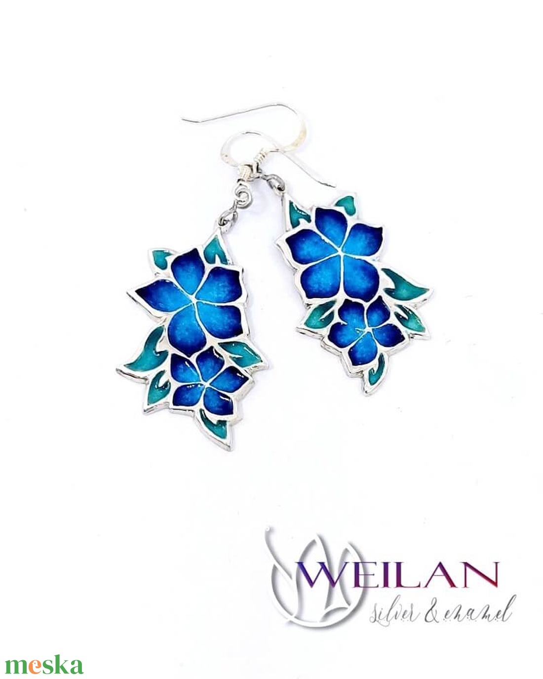 Flora - Nefelejcs ezüst tűzzománc fülbevaló - kék - ékszer - fülbevaló - lógó fülbevaló - Meska.hu