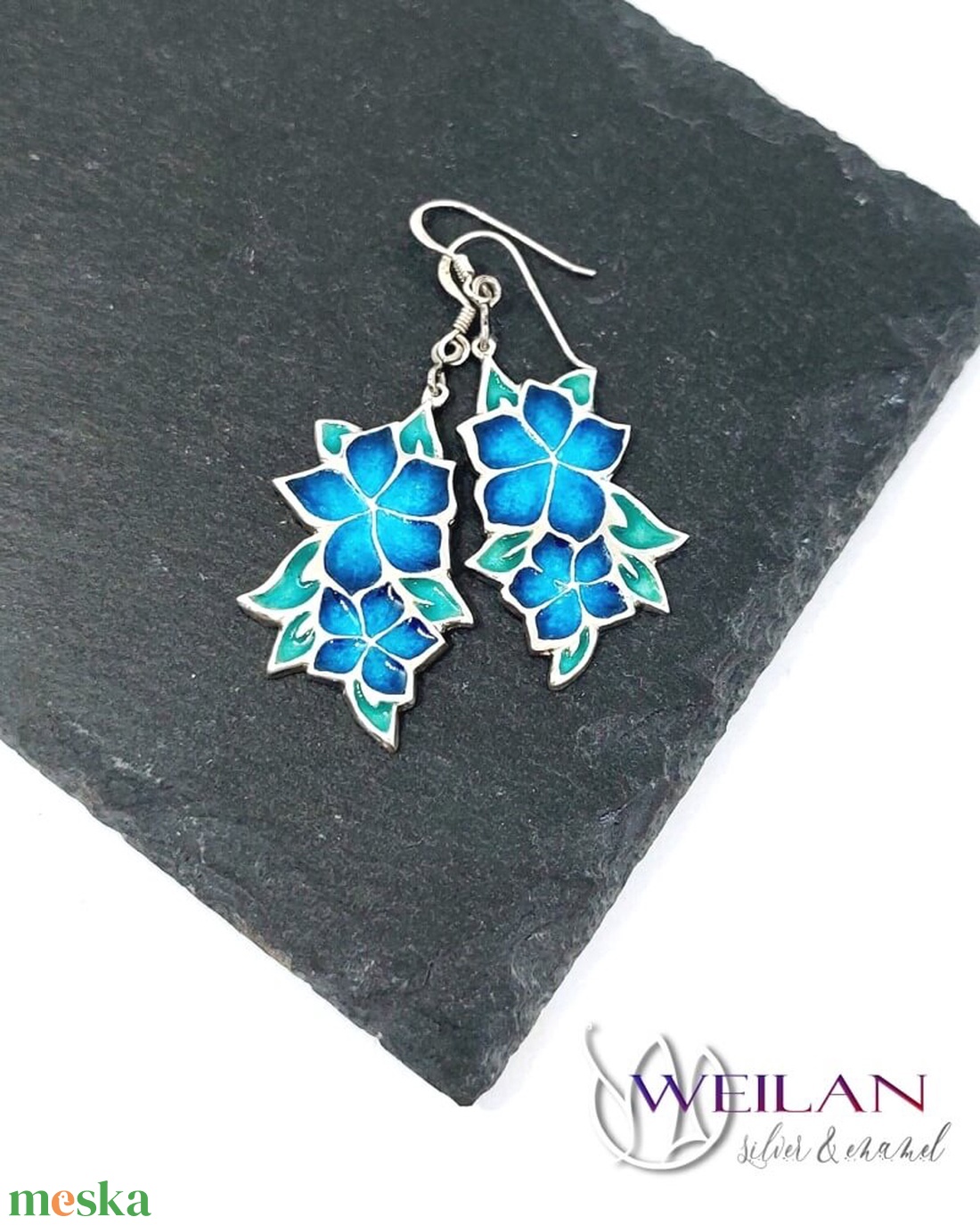 Flora - Nefelejcs ezüst tűzzománc fülbevaló - kék - ékszer - fülbevaló - lógó fülbevaló - Meska.hu