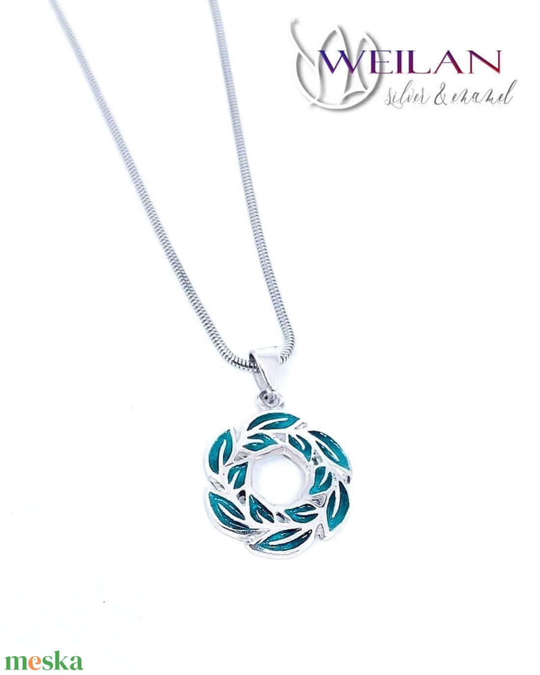 Leaf - Laurus / Babér ezüst tűzzománc medál, kis méret - türkiz - ékszer - nyaklánc - medál - Meska.hu