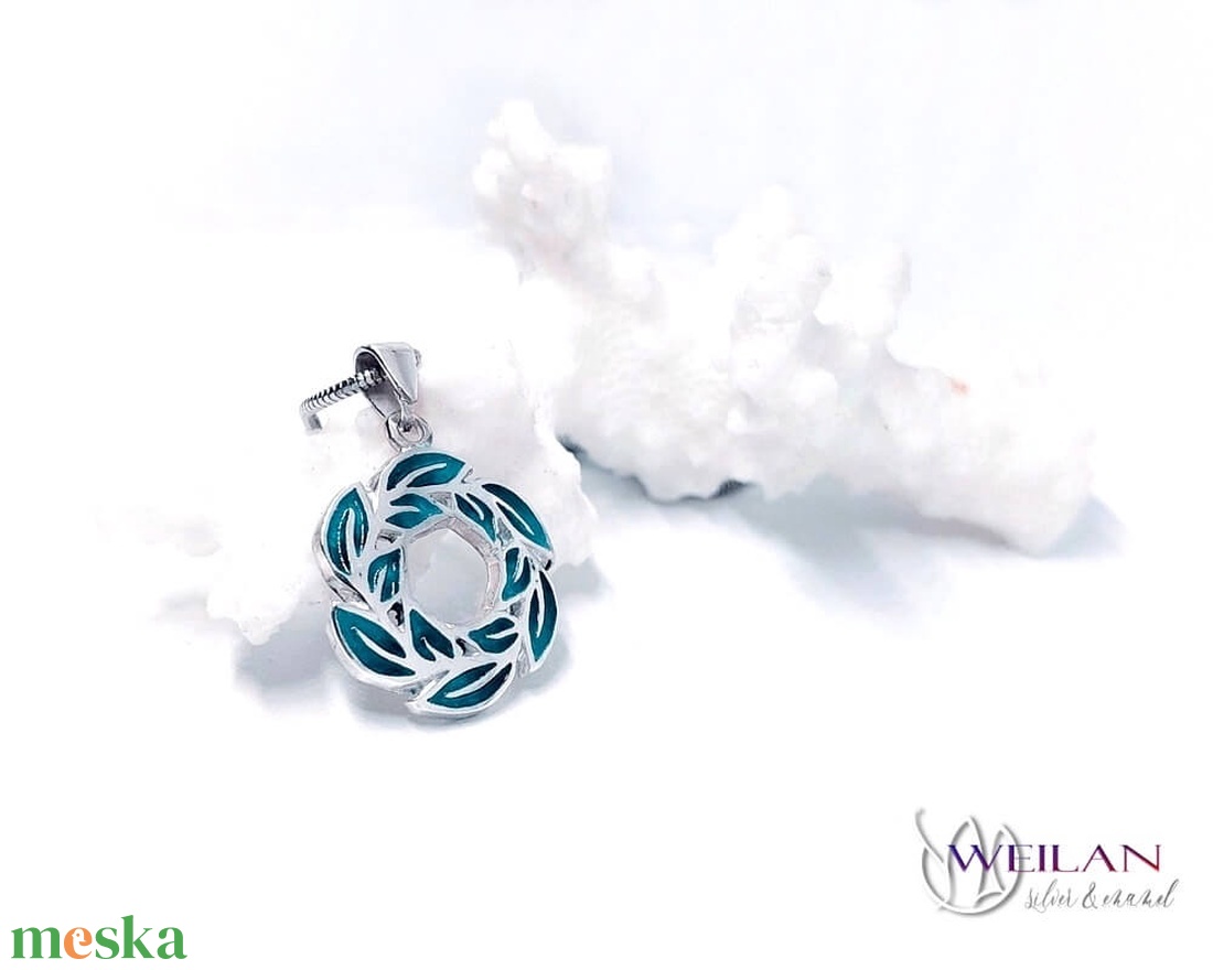 Leaf - Laurus / Babér ezüst tűzzománc medál, kis méret - türkiz - ékszer - nyaklánc - medál - Meska.hu