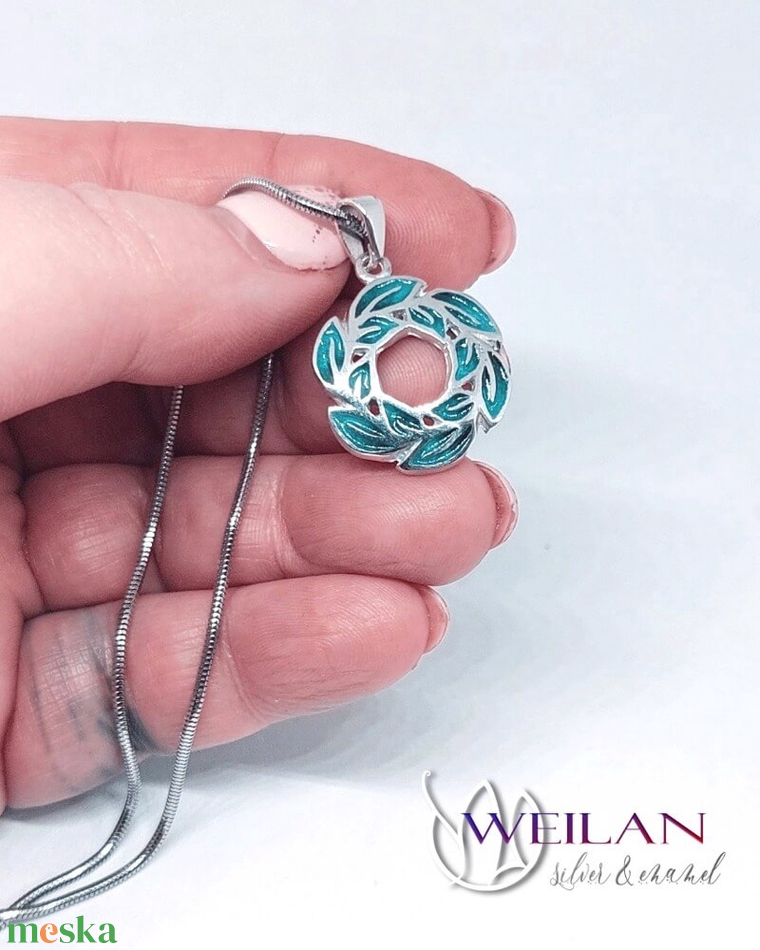 Leaf - Laurus / Babér ezüst tűzzománc medál, kis méret - türkiz - ékszer - nyaklánc - medál - Meska.hu