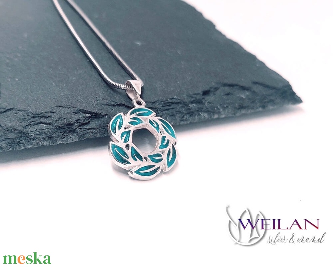 Leaf - Laurus / Babér ezüst tűzzománc medál, kis méret - türkiz - ékszer - nyaklánc - medál - Meska.hu