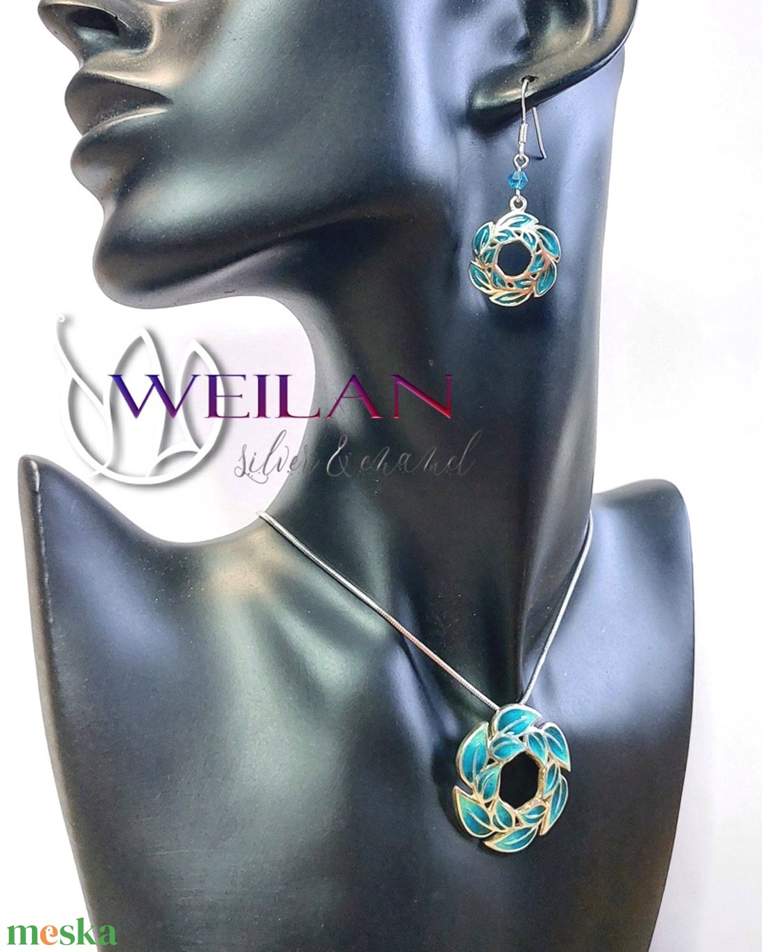 Leaf - Laurus / Babér ezüst tűzzománc fülbevaló - türkiz - ékszer - fülbevaló - lógó fülbevaló - Meska.hu