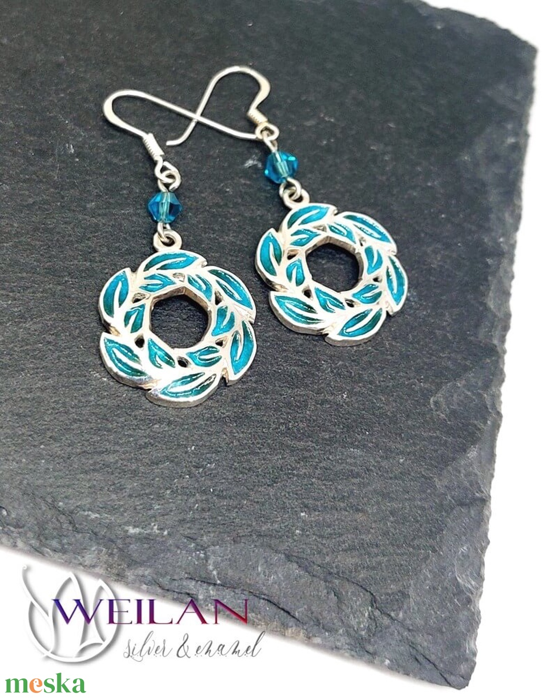 Leaf - Laurus / Babér ezüst tűzzománc fülbevaló - türkiz - ékszer - fülbevaló - lógó fülbevaló - Meska.hu